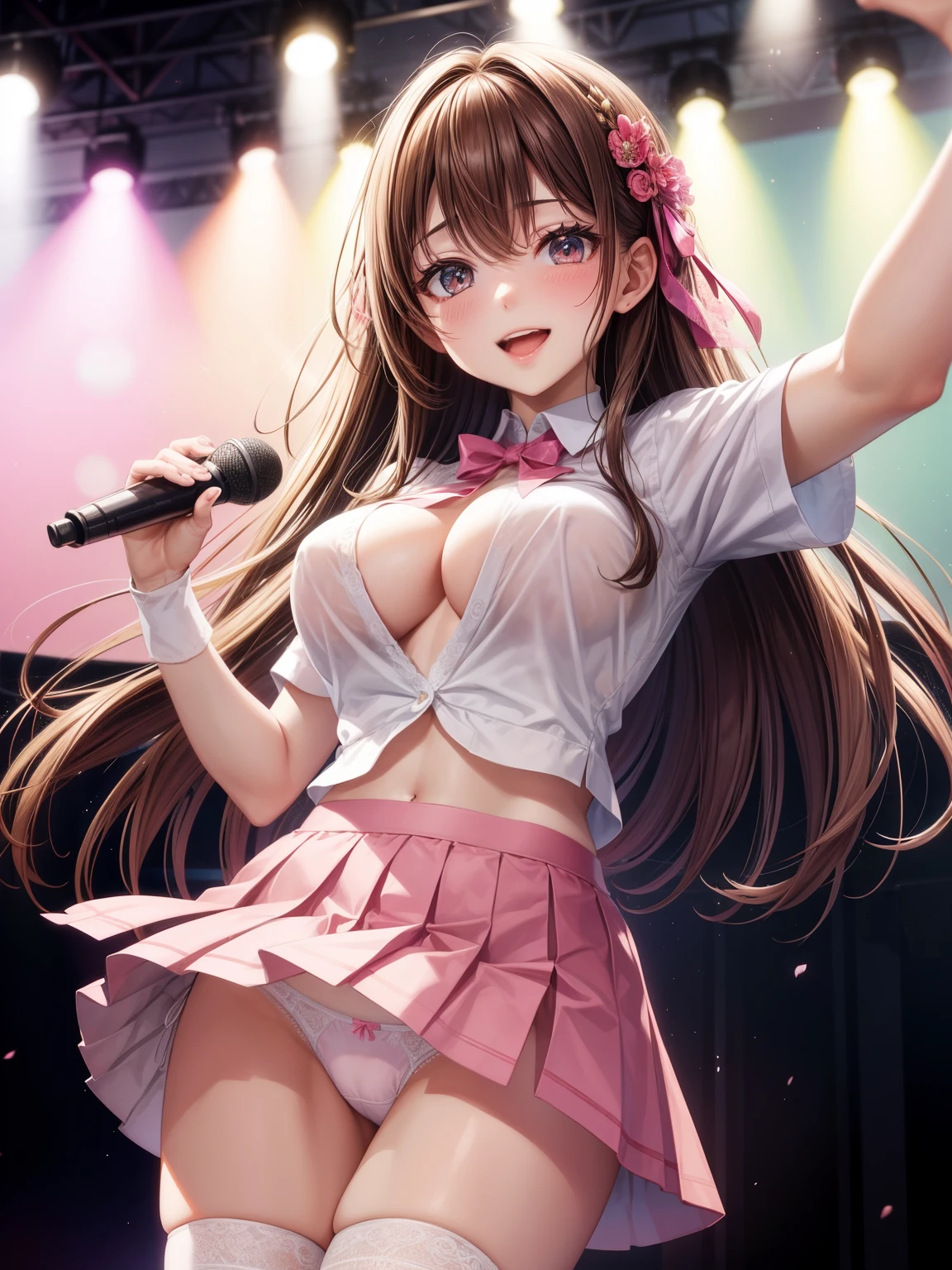 highest quality、All limbs、full finger、Slender beauty、straight hair、brown hair、Dereste、pink, 白とpinkのアイドル衣装、high socks、beautiful big breasts、live stage、sing、microphone, dancing、big smile、(white horizontal lace panties:1.1), skirt lift, shirt lift, show off panties、(show off bra:0.94)