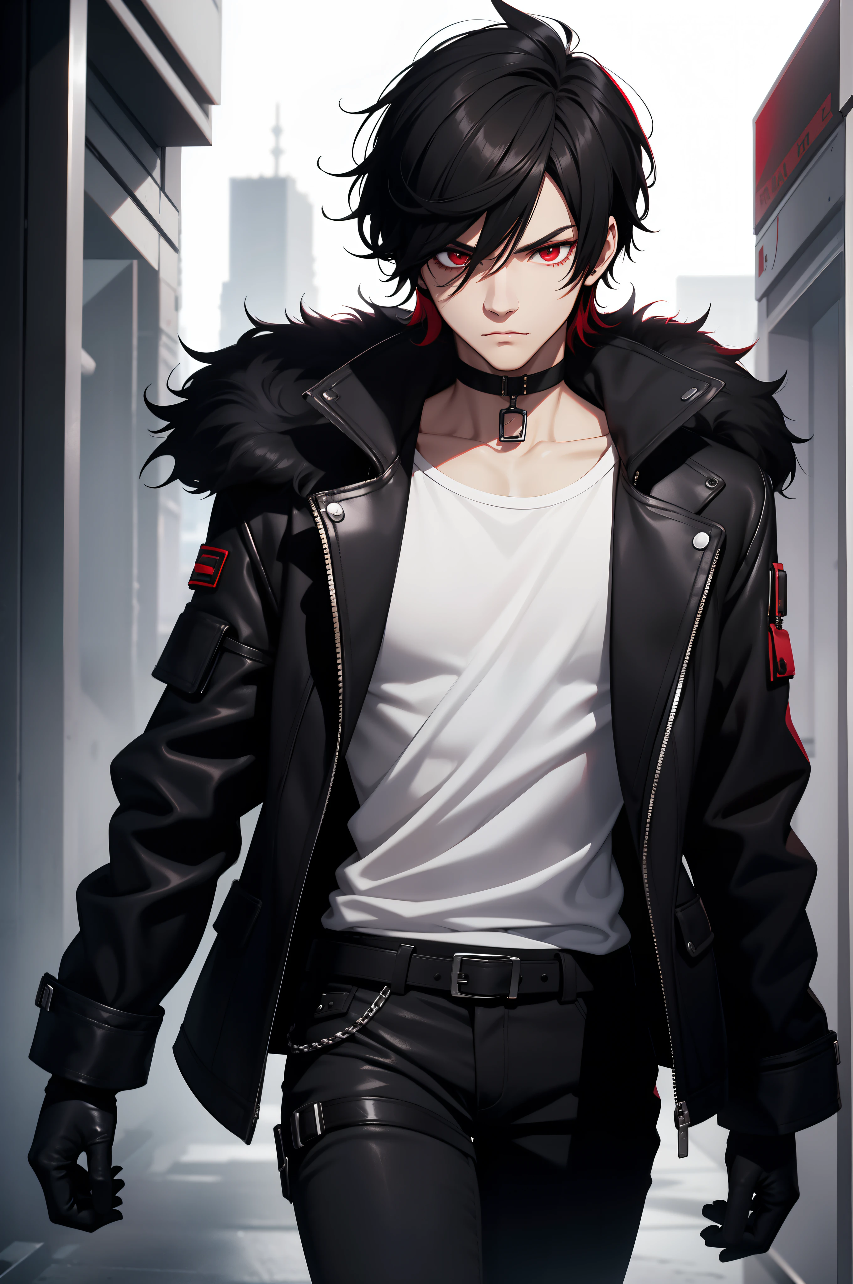 juste mauvais, cheveux noirs, les yeux rouges, chemise blanche, Veste noire, fourrure, Jean noir, gants noirs, foulard, mince