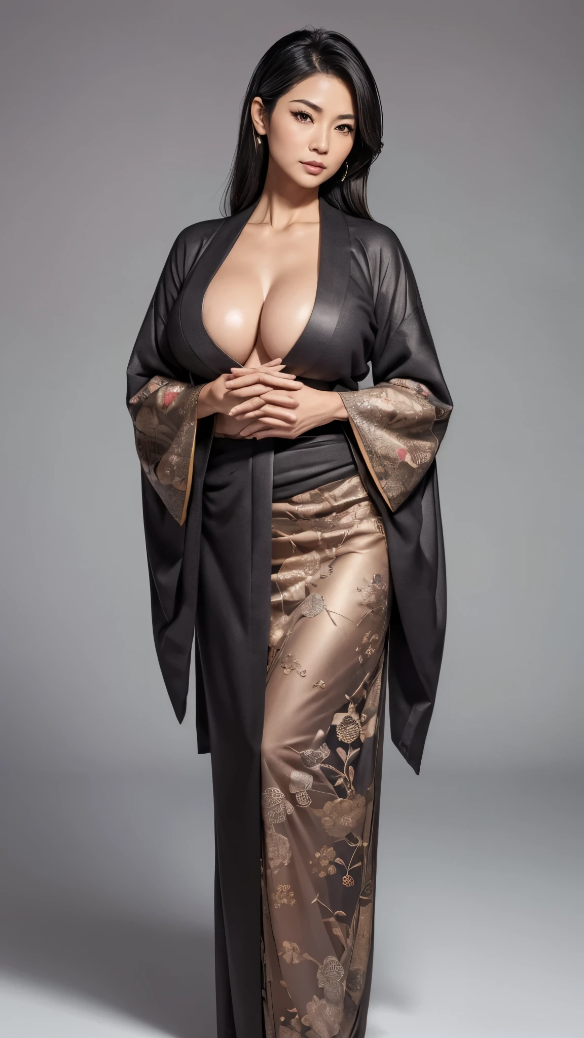 ((masterpiece,best quality,8k,highres)),((character concept art)), 1 female, mature female, Asian, grandmother, milf, sexy, lustful, 40 years old, 160 cm height, (medium length grey hair), black  hair, (fair skin colour), ultra finely detailed eyes (brown eyes colour), extraordinary gorgeous, seductive, flirtatious, calm, friendly, perfect body build ((slim, busty)), ((intricate detail)), super finely detailed hands, ultra finely detailed fingers(((ten fingers))), wearing revealing kimono, colored Japanese tattool, business woman, yakuza tattoo (standing still), (full body showcase), (show full body), (no logos on background), (no logo), ((plain background)), ((plain background)), (((empty background)))