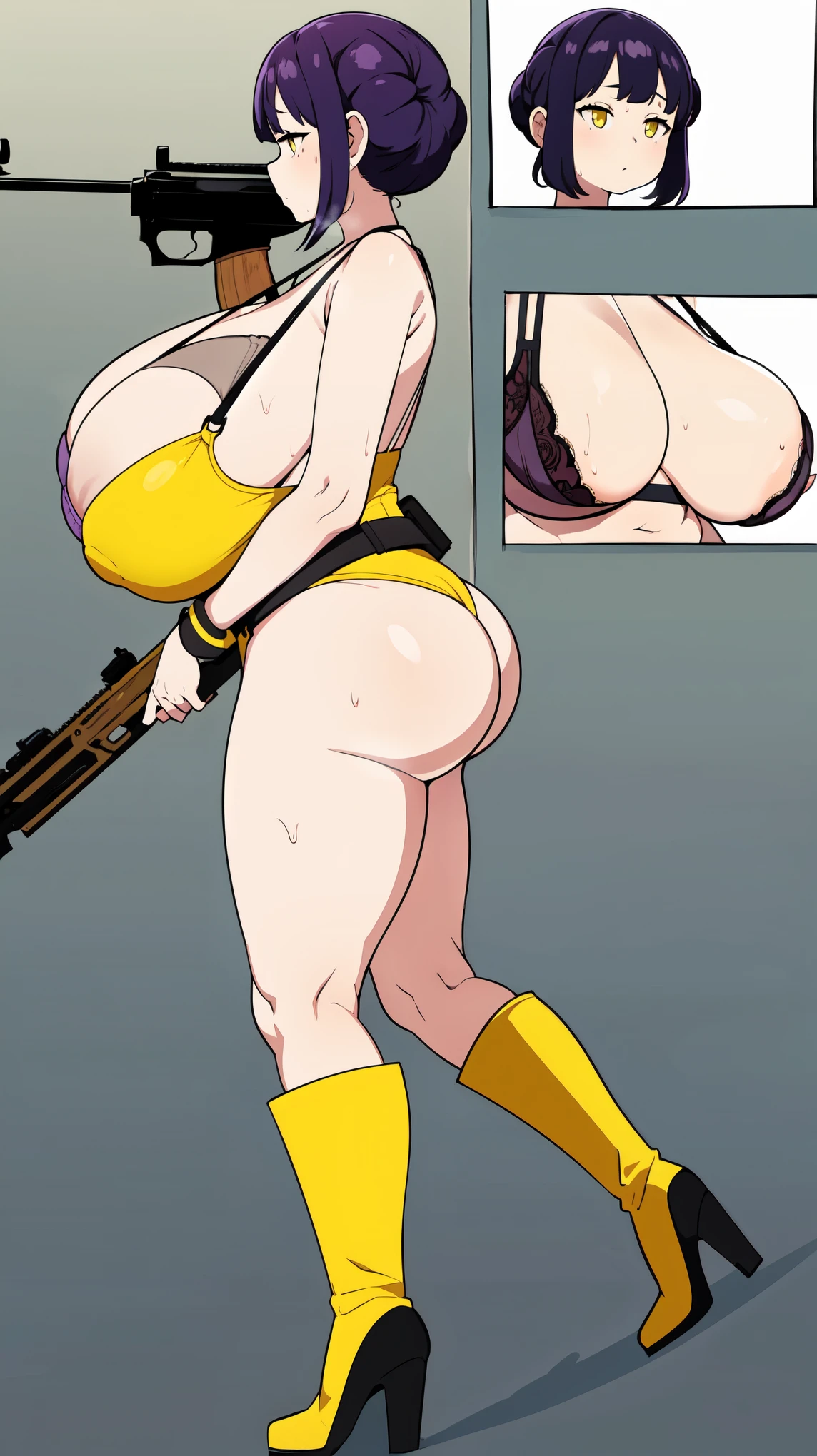 Slime girl, (slime), Slime hair Double buns hair style, Pumpkin Orange, weapon belt, Masterpiece, Best Quality, gigantic breasts, slime girl, slime girl, purple hair, lavender hair, yellow clothes, weapon belt around waistline, rifle, long rifle, AR-15 Rifle, assault rifle, exposed yellow bra, yellow clothing, wearing yellow clothing, fully body view, tight yellow dress, Rifle in hand, mature woman, gorgeous, perverted, sexy, yellow dress, exposed chest, exposed bra, exposed breast, black boots/heels, gold bracelets around wrist, holding rifle, aiming with rifle, tactical stance, tactical gear, sweaty body, long legs, tall woman, lustful yellow eyes, yellow lingerie , Slime girl, (slime), Slime hair Double buns hair style, Pumpkin Orange, weapon belt, Masterpiece, Best Quality, gigantic breasts, slime girl, slime girl, purple hair, lavender hair, yellow clothes, weapon belt around waistline, rifle, long rifle, AR-15 Rifle, assault rifle, exposed yellow bra, yellow clothing, wearing yellow clothing, fully body view, tight yellow dress, Rifle in hand, mature woman, gorgeous, perverted, sexy, yellow dress, exposed chest, exposed bra, exposed breast, black boots/heels, gold bracelets around wrist, holding rifle, aiming with rifle, tactical stance, tactical gear, sweaty body, long legs, tall woman, lustful yellow eyes, yellow lingerie, mature body, mature face, dark purple hair color, purple hair, big butt