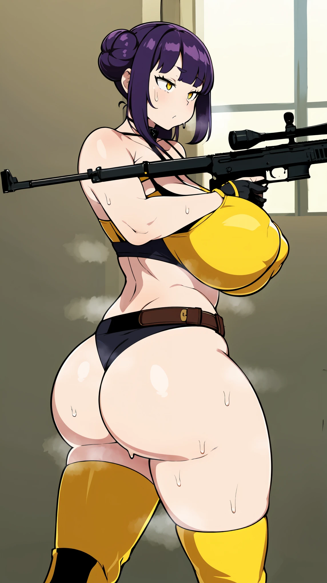 Slime girl, (slime), Slime hair Double buns hair style, Pumpkin Orange, weapon belt, Masterpiece, Best Quality, gigantic breasts, slime girl, slime girl, purple hair, lavender hair, yellow clothes, weapon belt around waistline, rifle, long rifle, AR-15 Rifle, assault rifle, exposed yellow bra, yellow clothing, wearing yellow clothing, fully body view, tight yellow dress, Rifle in hand, mature woman, gorgeous, perverted, sexy, yellow dress, exposed chest, exposed bra, exposed breast, black boots/heels, gold bracelets around wrist, holding rifle, aiming with rifle, tactical stance, tactical gear, sweaty body, long legs, tall woman, lustful yellow eyes, yellow lingerie , Slime girl, (slime), Slime hair Double buns hair style, Pumpkin Orange, weapon belt, Masterpiece, Best Quality, gigantic breasts, slime girl, slime girl, purple hair, lavender hair, yellow clothes, weapon belt around waistline, rifle, long rifle, AR-15 Rifle, assault rifle, exposed yellow bra, yellow clothing, wearing yellow clothing, fully body view, tight yellow dress, Rifle in hand, mature woman, gorgeous, perverted, sexy, yellow dress, exposed chest, exposed bra, exposed breast, black boots/heels, gold bracelets around wrist, holding rifle, aiming with rifle, tactical stance, tactical gear, sweaty body, long legs, tall woman, lustful yellow eyes, yellow lingerie, mature body, mature face, dark purple hair color, purple hair, big butt