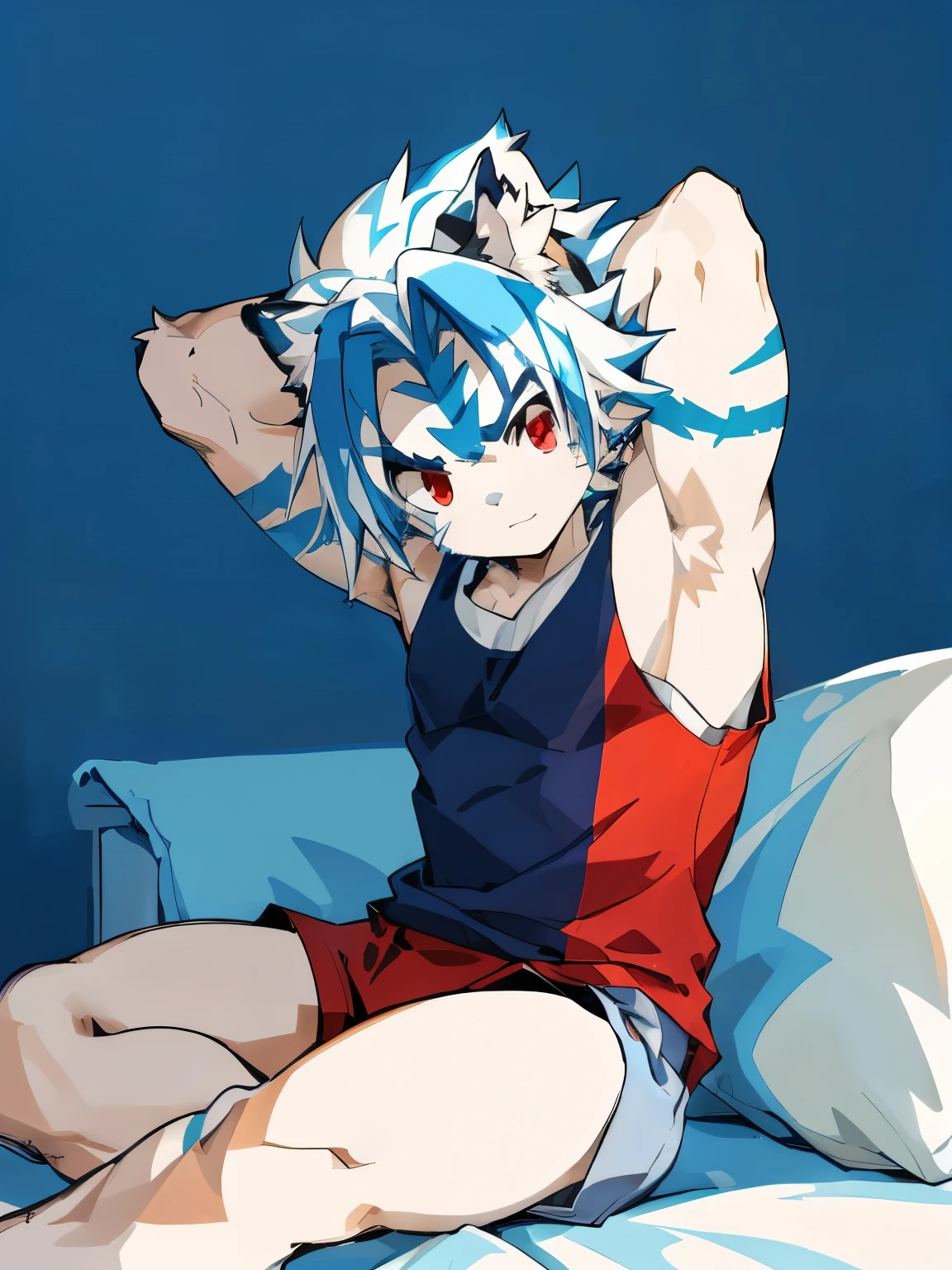 (best qualtiy,hight quality), solo person,Kogenta, felid, blue fur, stripes, solo, Red eyes, front view, tail, Two tone hair, blue hair, white hair, (Armpit:1.3), Tank top, sittinng on the bed, 4k, Uhd