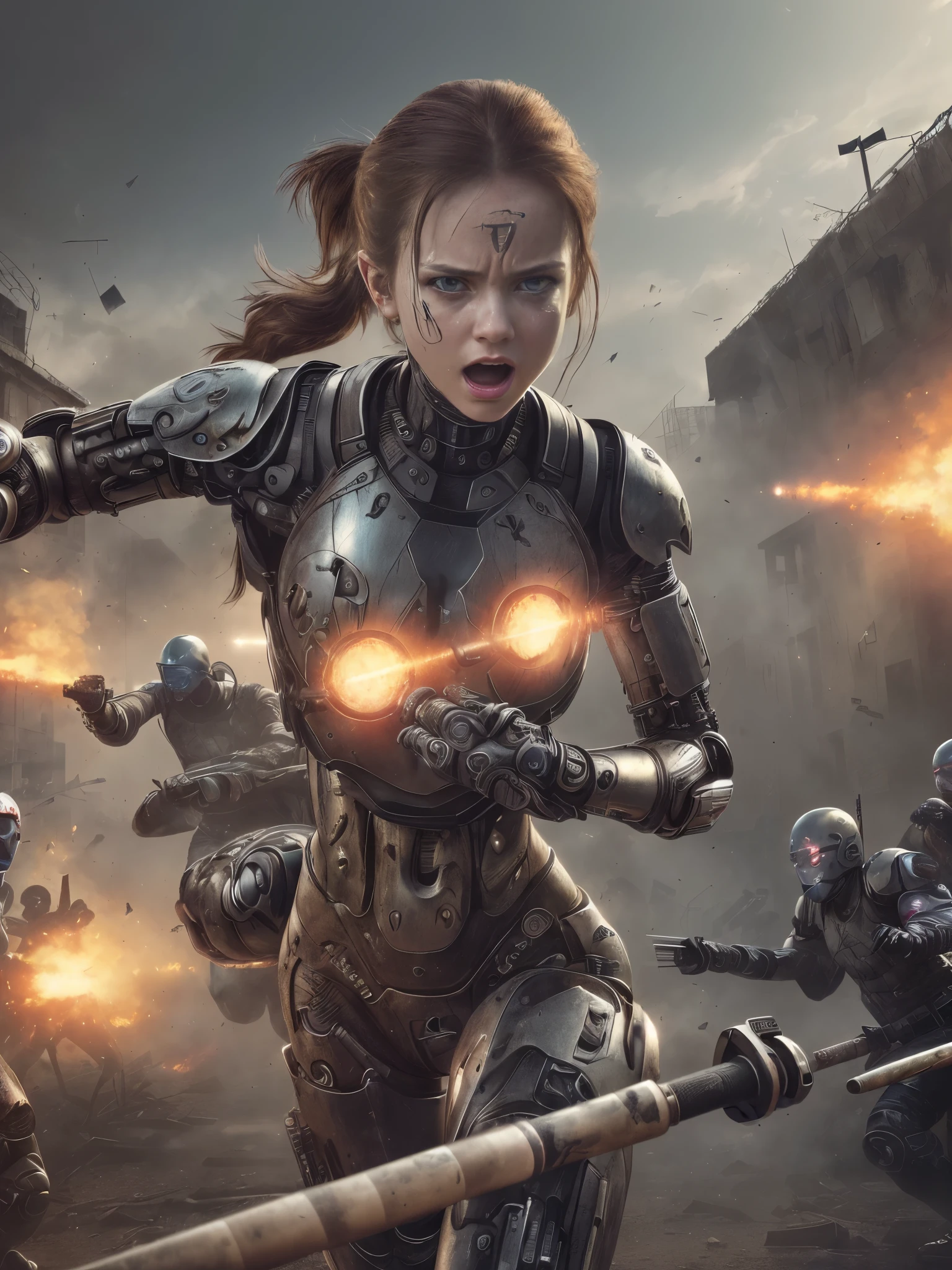 (best quality,4k,8k,highres,masterpiece:1.2),ultra-detailed,(realistic,photorealistic,photo-realistic:1.37),HDR,UHD,studio lighting,extreme detail description,professional,vivid colors,bokeh,portraits (A sexy battered, damaged, very mechanical cyborg woman yells in fear and pain while in a fighting stance), (subject 2: a gang of teenage thugs armed with spiked baseball bats has her cornered, like a pack of killers they are closing in on the cyborg)