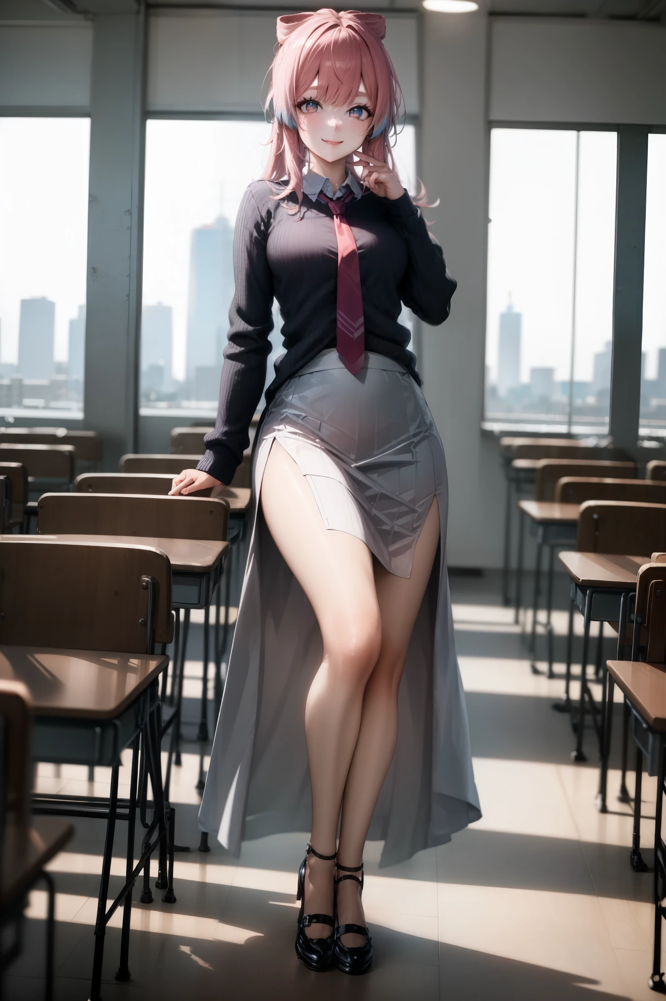 hair between eyes, pink hair,
BREAK (long skirt, necktie, ribbed sweater, side slit, skirt, sweater, teacher, white sweater:1.2)
BREAK (smile1.2), ((fullllbody)),(Seductive look),(NSFW),
BREAK class room,
BREAK (masterpiece:1.2), best quality, high resolution, unity 8k wallpaper, (illustration:0.8), (beautiful detailed eyes:1.6), extremely detailed face, perfect lighting, extremely detailed CG, (perfect hands, perfect anatomy),