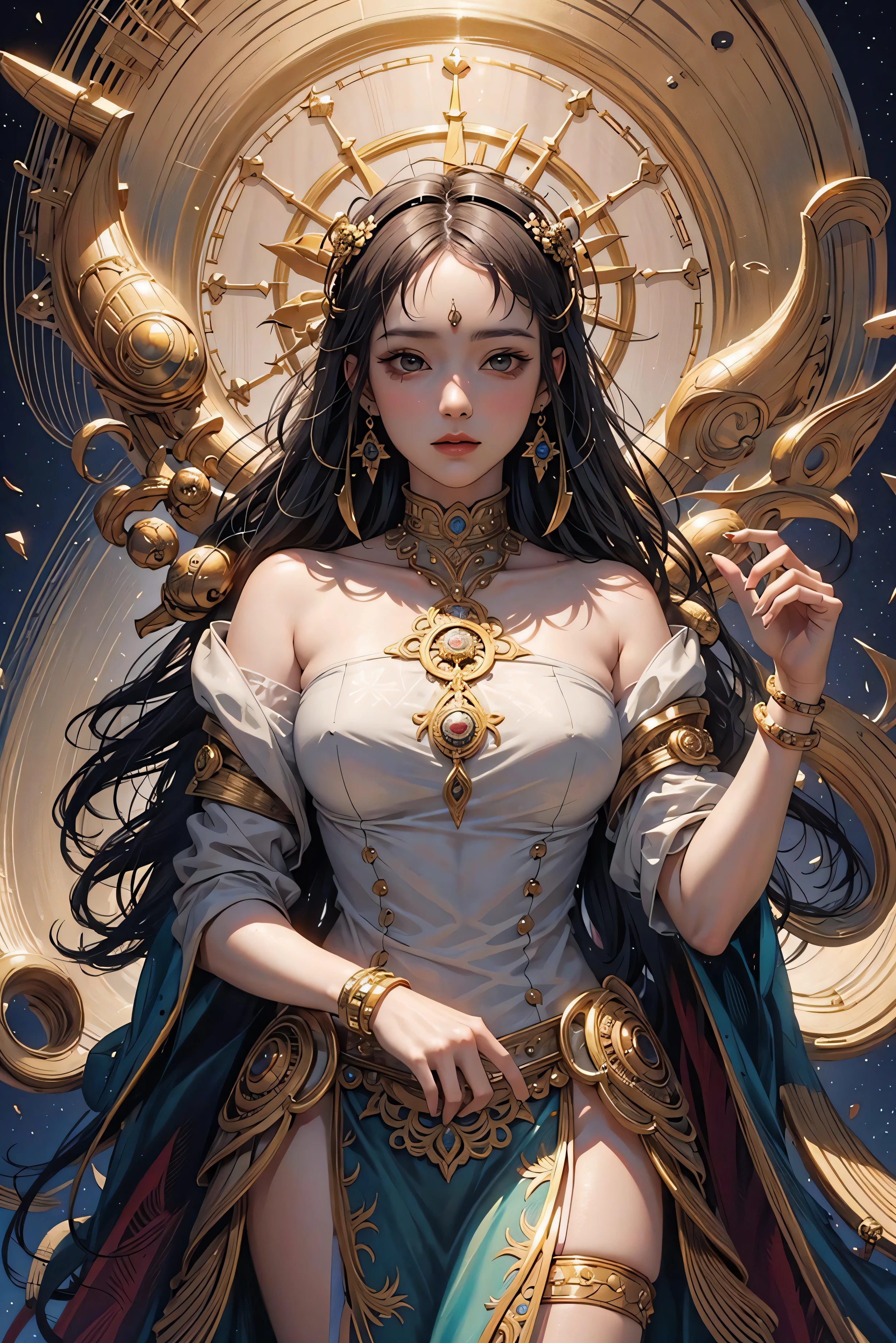 (masterpiece, top quality, best quality, official art, beautiful and aesthetic:1.2), (1girl), extreme detailed,colorful,highest detailed, official art, unity 8k wallpaper, ultra detailed, beautiful and aesthetic, beautiful, masterpiece, best quality, (zentangle, mandala, tangle, entangle) ,holy light,gold foil,gold leaf art,glitter drawing, <lora:PerfectNwsjMajic_4:0.6>,PerfectNwsjMajic