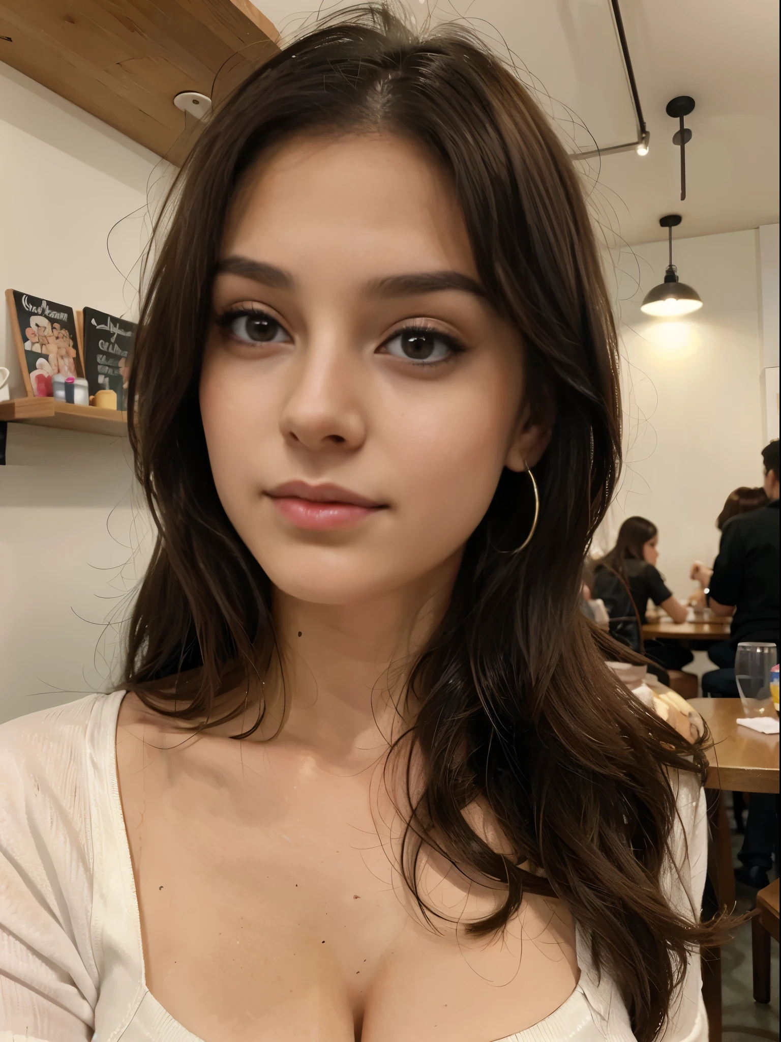 Photo of a 20 year old brunette woman, that has a very natural face, thin lips, thin eyes, thin eyebrows, thin nose, earrings, long eyelashes. She makes a cute selfie in a cafe
