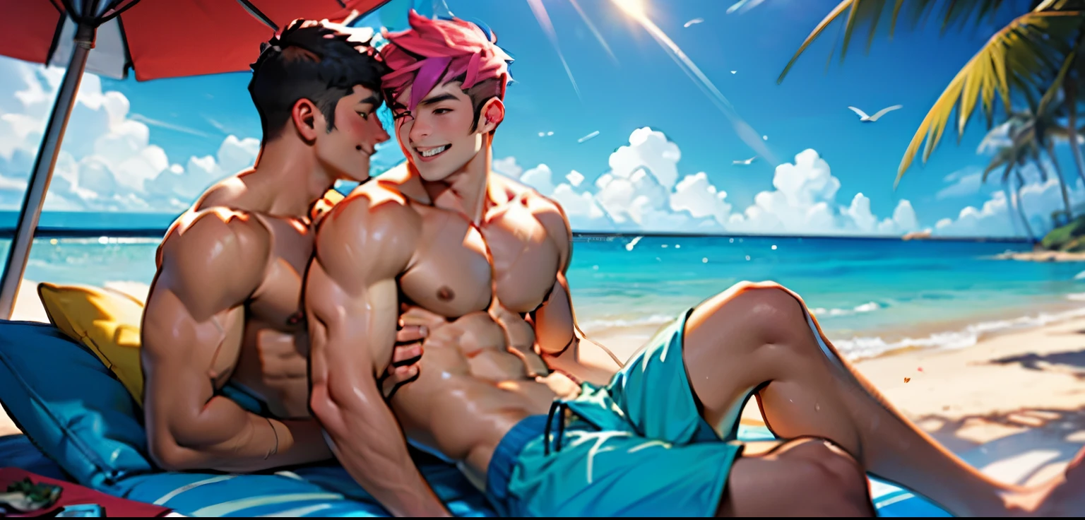 A gay couple relaxing on the beach, enjoying each other's company. They are both shirtless, wearing colorful swimming trunks. The sunlight reflects off their smooth, toned bodies, highlighting their well-defined muscles. They are lying side by side on a beach towel, their legs interlocked, and they exchange loving glances. They have their arms around each other, expressing affection and connection. The color palette is vibrant and lively, with shades of blue from the sky and sea, complementing the vibrant swimwear. The scene is filled with joy and tranquility.

The prompt to generate this image can be:
"gay couple, shirtless, colorful swimming trunks, smooth bodies, toned muscles, beach towel, interlocked legs, loving glances, affectionate embrace, vibrant colors, tranquil atmosphere"