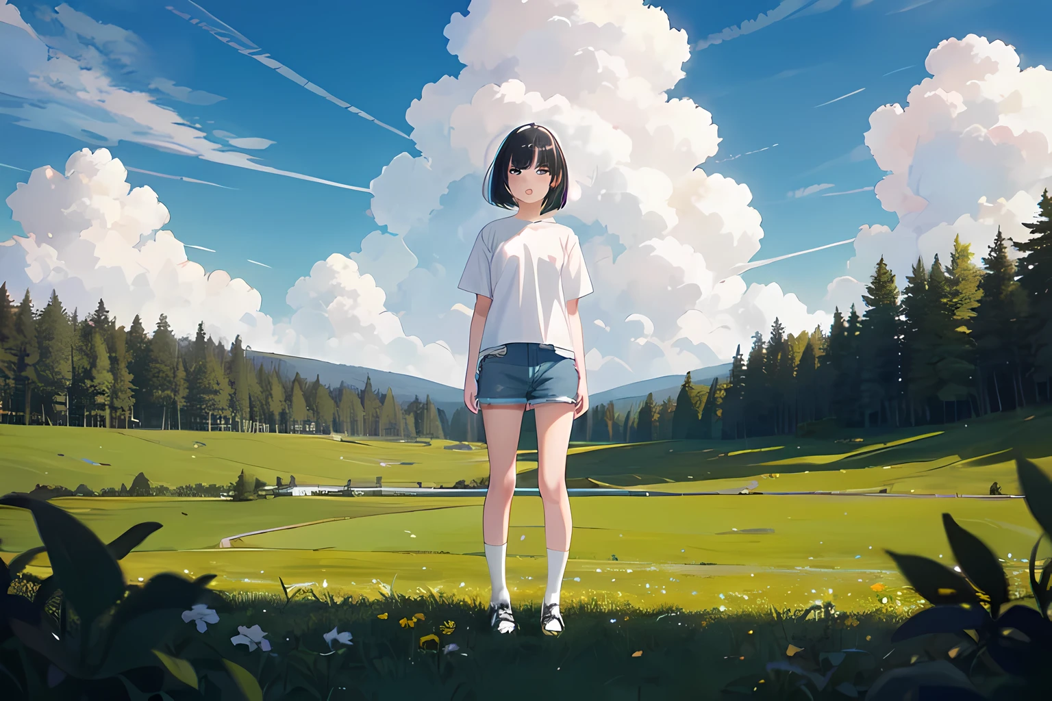 1girl, black hair, bob cut, bangs, white shirt, short sleeve, blue denim short, (black socks), white shoes, standing, [grassfield | forest], coudy sky