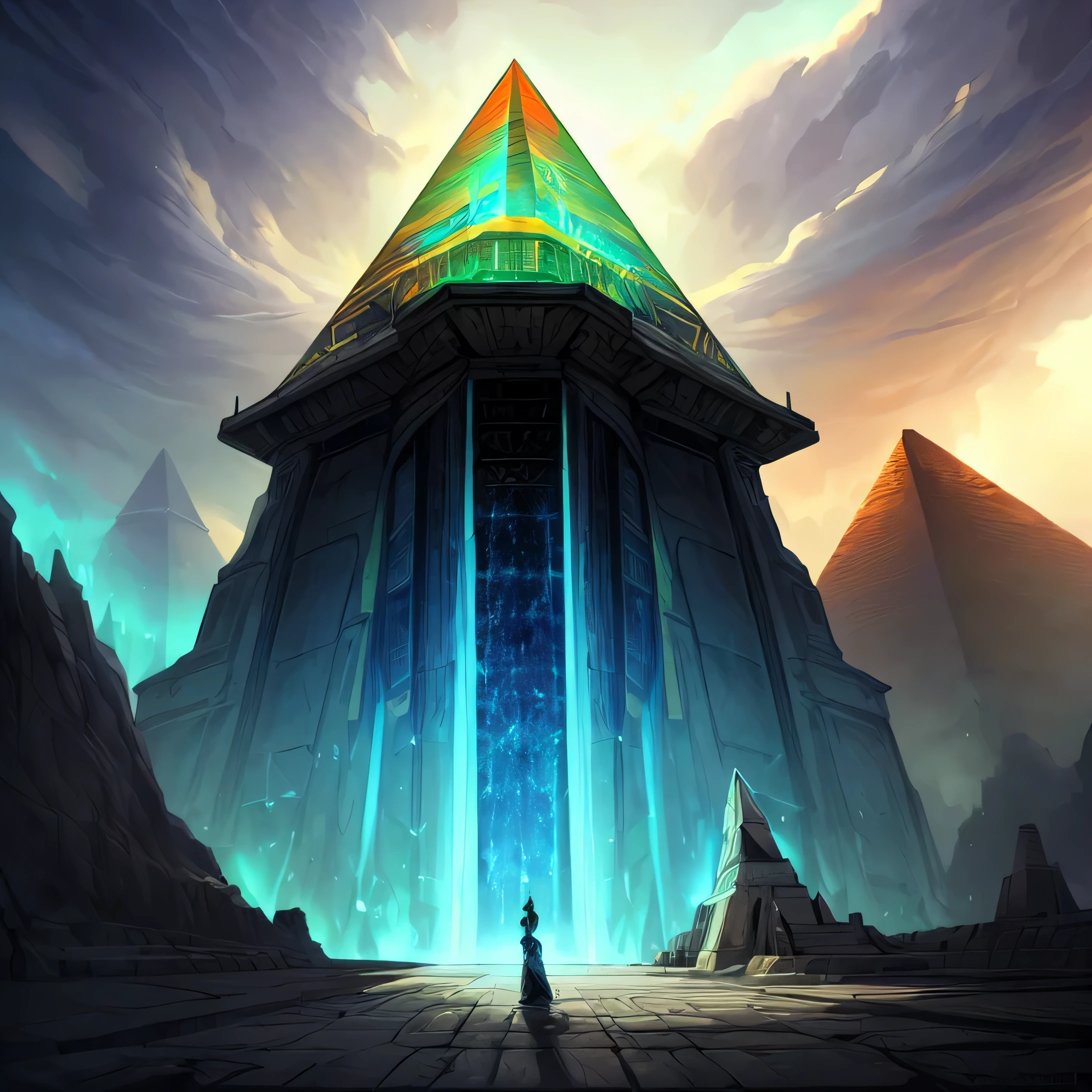 ciberpunk,Pharaoh Ramses of futuristic Egypt with biomechanical clothing,double exposure superimposed on the horizon of the astral pyramid by Conrad Roset,Brandon Kidwell,Andreas Lie,Dan Mountford,Agnes Cécile,Jeremy Mann,oil and ink canvas,arte fino,Super dramatic light,fotoilustracion,profundidad asombrosa,hiperdetallado,iridescent soft neon light,intrincado detallado,profundidad asombrosa,Stunning misty atmosphere,fascinante paisaje vibrante y caprichoso,maximalismo,complex masterpiece of the head of rapid engineering,