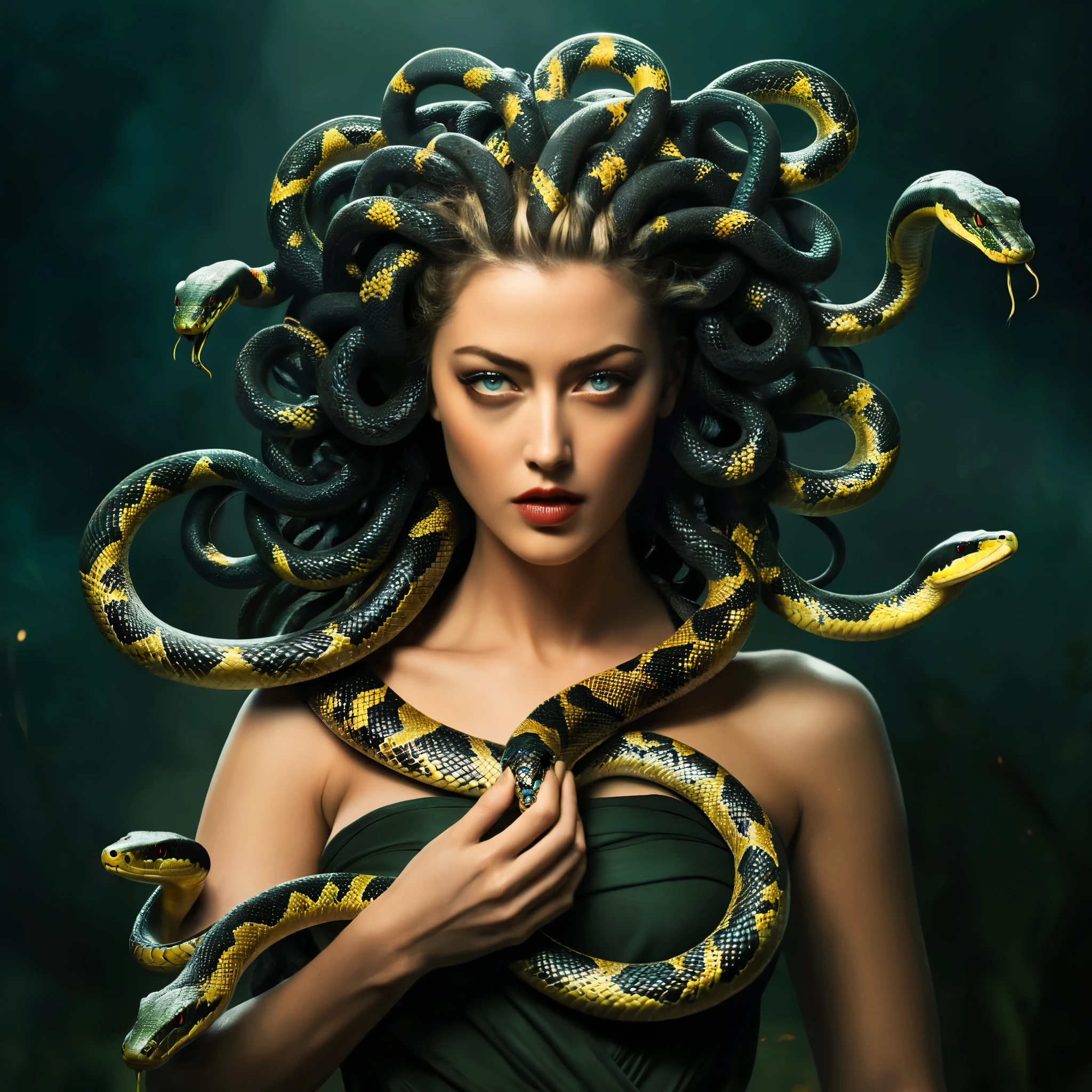 Looks like Amber Heard, fierce looks, fiery and glowing eyes, Dark Fantasy Art of  Medusa a woman with snake dreads holding a snake In Greek mythology, Medusa, also called Gorgo,  a human female with living venomous snakes in place of hair, dark, moody, dark fantasy style