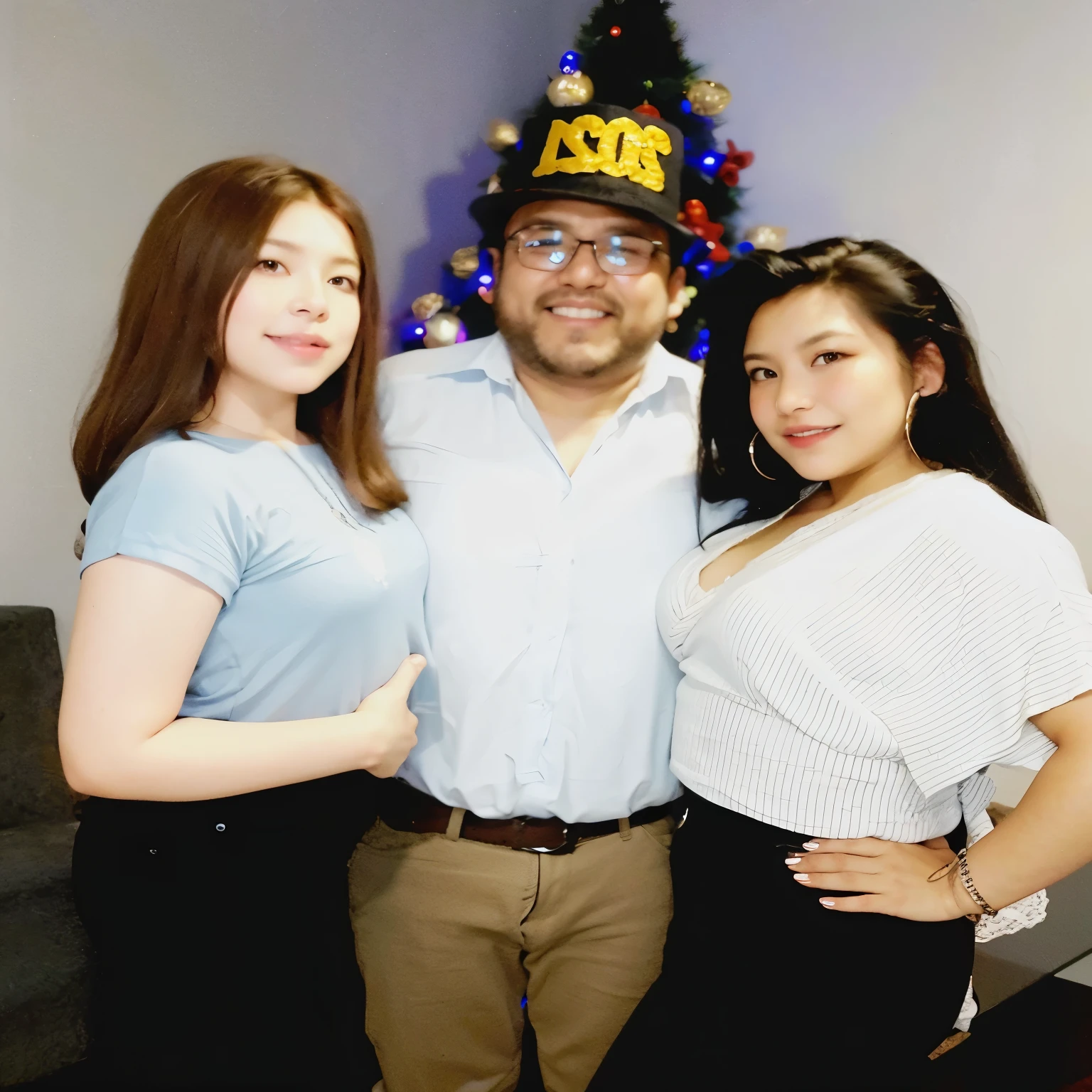 There are three people together in front of a Christmas tree., modelando para dulce y gabanna, foto tomada en 2 0 2 0, taken in the early 2020s, 4k post, 4k publishing, dad, imagen de perfil, # oc, #oc, carga de alta calidad, 1614572159