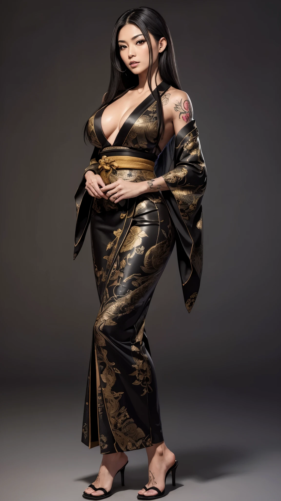 ((masterpiece,best quality,8k,highres)),((character concept art)), 1 female, Japanese, milf, sexy, lustful, 40 years old, 160 cm height, (long length black hair), black  hair, (fair skin colour), ultra finely detailed eyes (brown eyes colour), extraordinary gorgeous, seductive, flirtatious, calm, friendly, perfect body build ((slim, busty)), ((intricate detail)), super finely detailed hands, ultra finely detailed fingers(((ten fingers))), wearing open chest black/gold yukata, colored Japanese body tattoos, full back tattoo, legs tattoos, Yakuza boss, yakuza tattoos (standing still), ((full body showcase)), (show full body), (no logos on background), (no logo), ((plain background)), ((plain background)), (((empty background)))