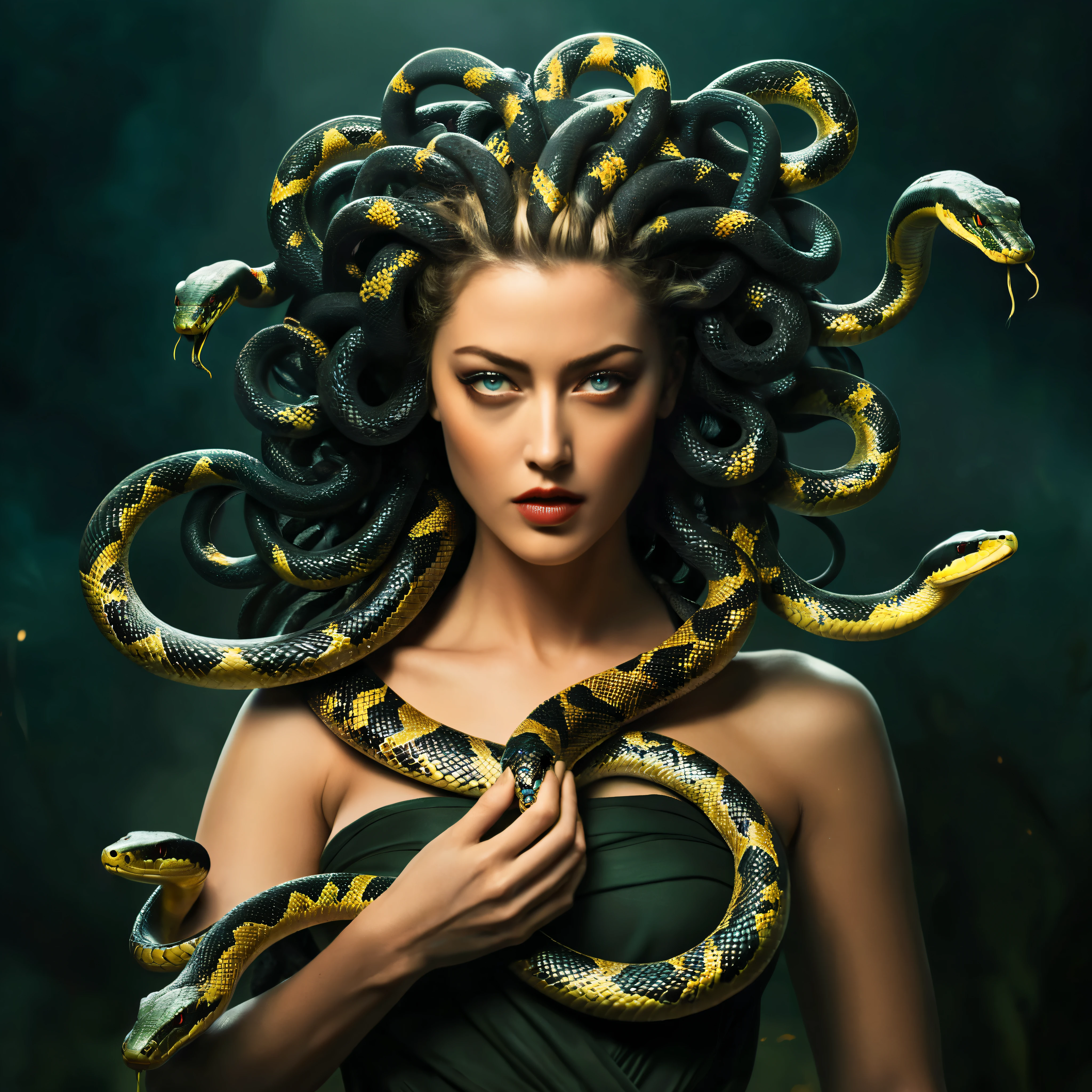 Looks like Amber Heard, fierce looks, fiery and glowing eyes, Dark Fantasy Art of Medusa a woman with snake dreads holding a snake In Greek mythology, Medusa, also called Gorgo, a human female with living venomous snakes in place of hair, dark, moody, dark fantasy style