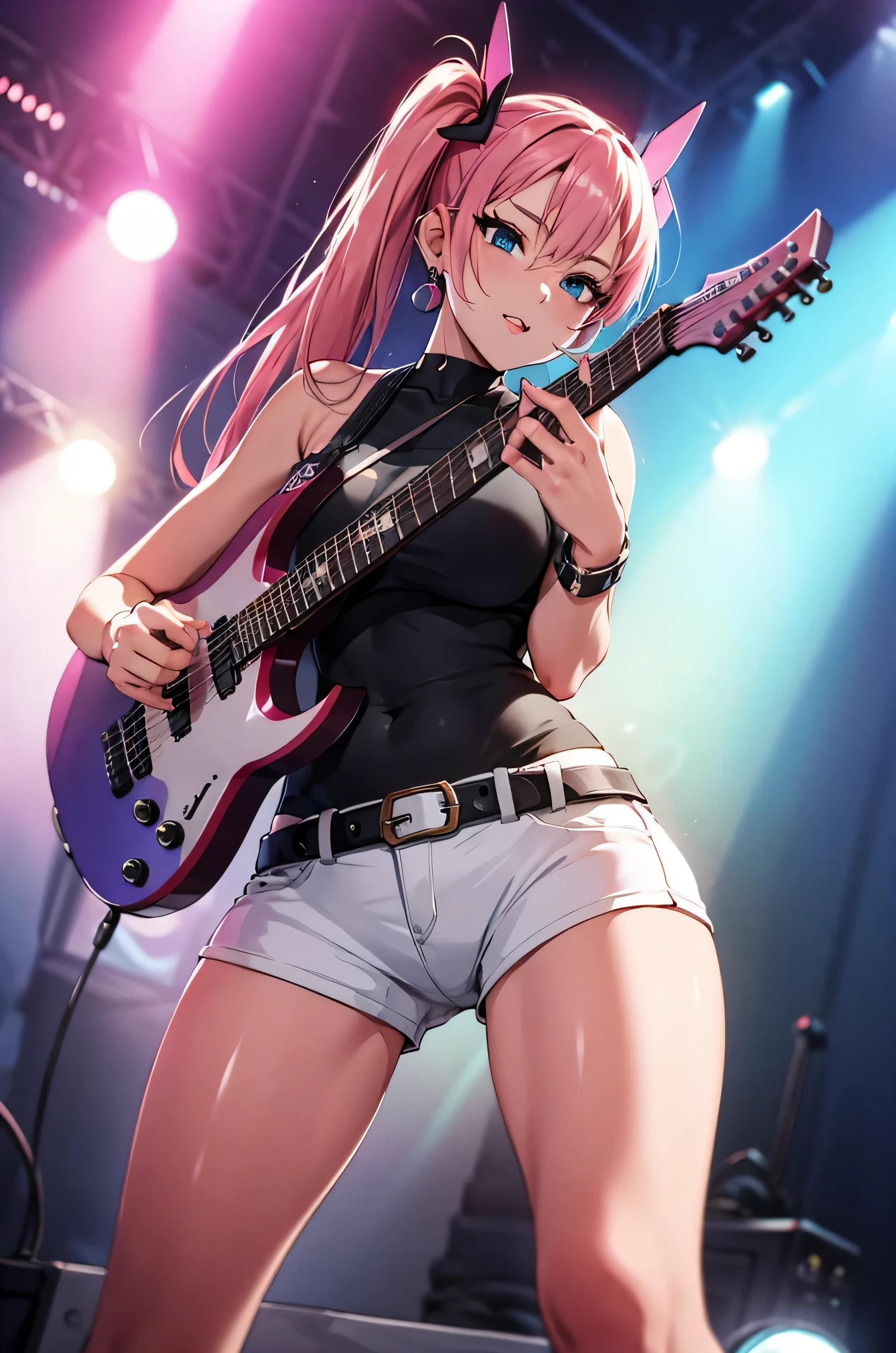 realistic:1.2, (Rocker girl wearing a leather jacket,slim style,confident look,shining blue eyes, dark lipstick, blue eyes,pink twintail hair,black ribbon:1.0)slim body shape、Normal bust size、 highly realistic photograph,  full body shot, １2 electric guitars, clothes with spikes,white tank top、Navel exposure、Black Leather Bikini Pants,tattoo,earrings, beautiful and perfect legs ,dynamic pose, dynamic lighting, colorful stage,colorful stage lights,