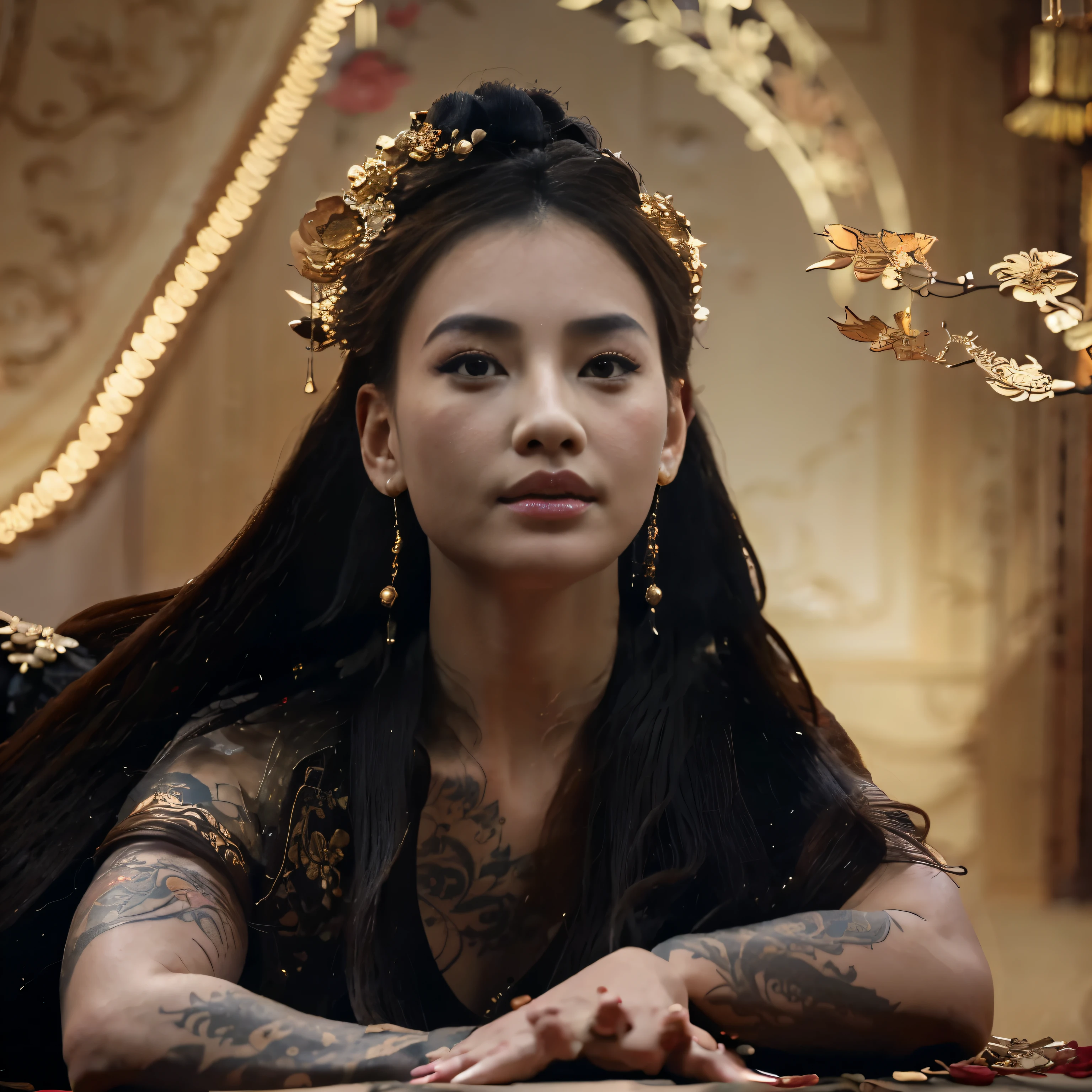 A view of a tattooed Asian woman lying down, focusing on a large and intricate dragon tattoo.  The tattoo artist wears an ornate golden dress and holds a tattoo tool in hand.  A person who got the tattoo was adorned in a similar golden dress and looked relaxed.  Large and detailed dragon work or elaborate designs and patterns serve as the backdrop to this landscape.  It\'s fiery, majestic, and adds a tense atmosphere.  The image\'s color scheme is rich with dark tones highlighted by golden accents, creating a dramatic and luxurious aesthetic.