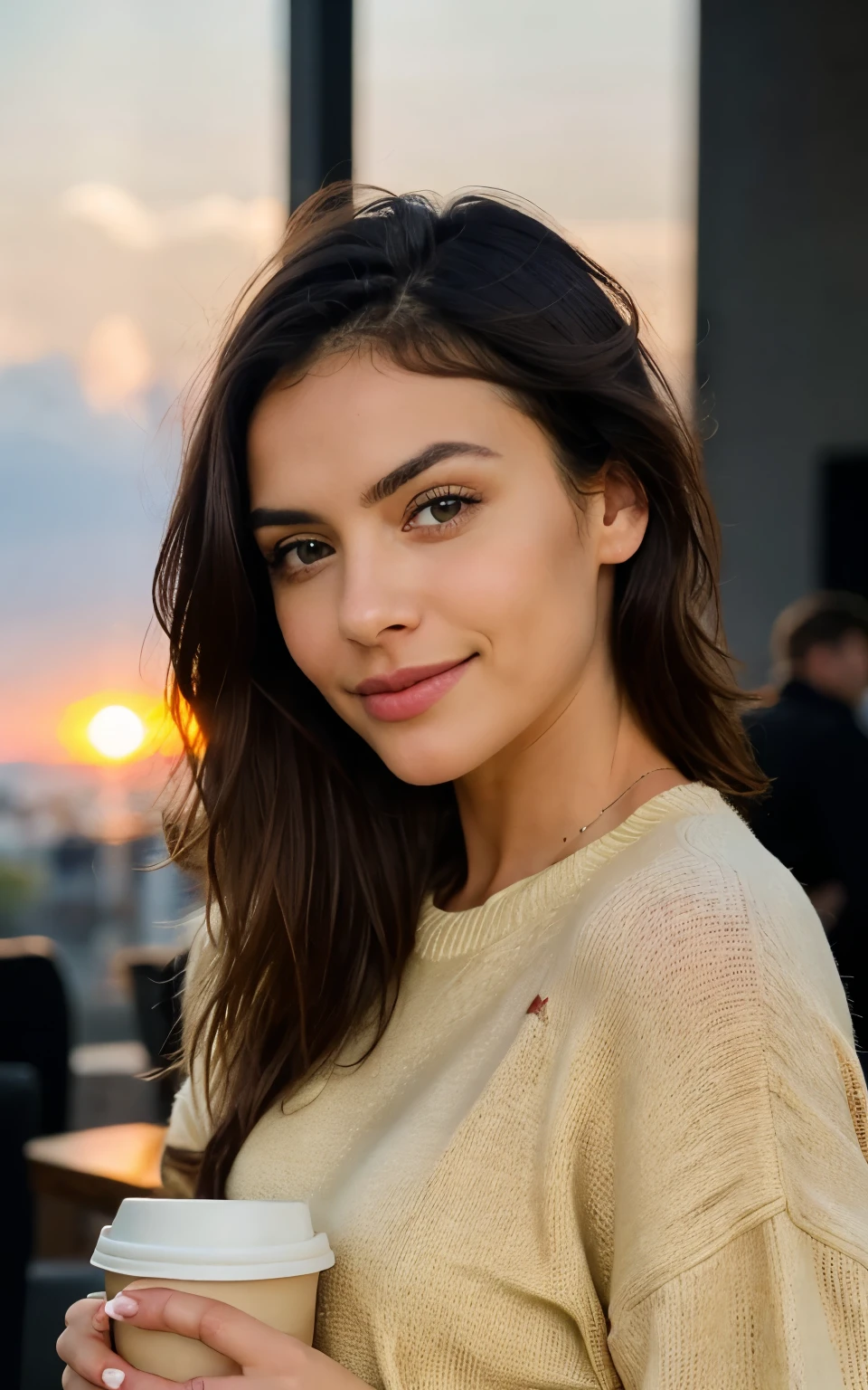Cute beautiful blonde with yellow sweater (sipping coffee in a modern café at sunset), Muy detallado, , Cara inocente, cabello naturalmente ondulado, ojos azules, high resolution, Obra maestra, mejor calidad, detalles complicados, Muy detallado, sharp focus, piel detallada, realistae Hauttextur, textura, Ojos detallados, Profesional, 4k, sonrisa encantandora, tomada con Canon, 85mm, profundidad de campo ligera, Kodak Vision Color, cuerpo perfectamente ajustado, extremadamente detallado, Foto_\(ultra\), fotorealista, realista, Postprocesamiento, maximum details, aspereza, vida real, ultrarealista, Fotorrealismo, Foto, 8k hd, Foto
