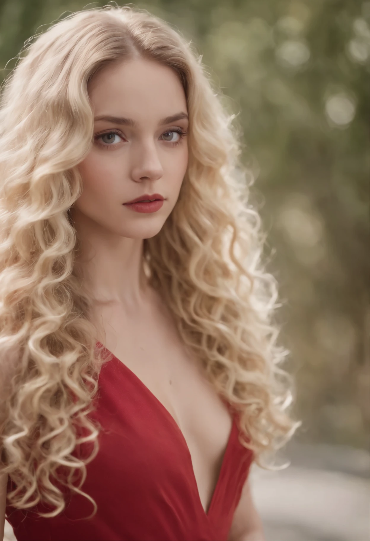 Piel clara, woman around 24 years old with long curly blonde hair, ojos claros, con un vestido color rojo