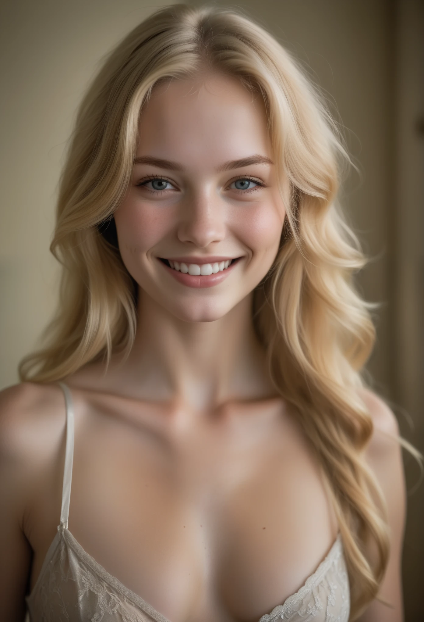 award winning photo, joy19, delicate, beautiful, sexy, portrait, (freckles:0.1), long blonde hair, cleavage, cute smile, cinematic,