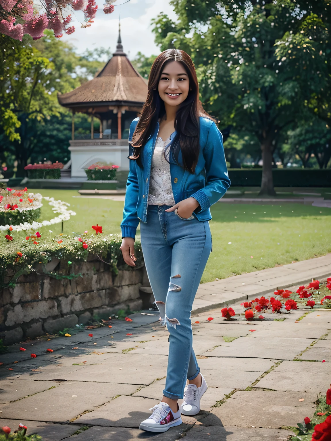 beautiful Indonesian women. long hair, bright face, smiling. wear a blue jacket with white lace, wear jeans, wear shoes. walking in the park red rose flower garden background. HD. Original photo. 18k