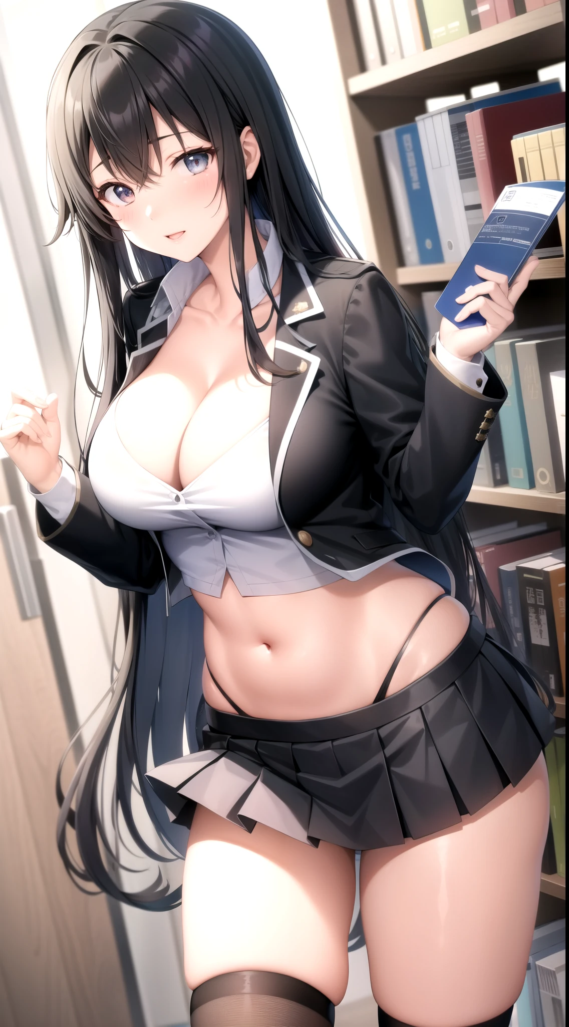 yukino yukinoshita, long hair, cleavage, belly button, slim legs, black hair, blue eyes, short skirt, thigh high socks, , Happy, , library, Are standing