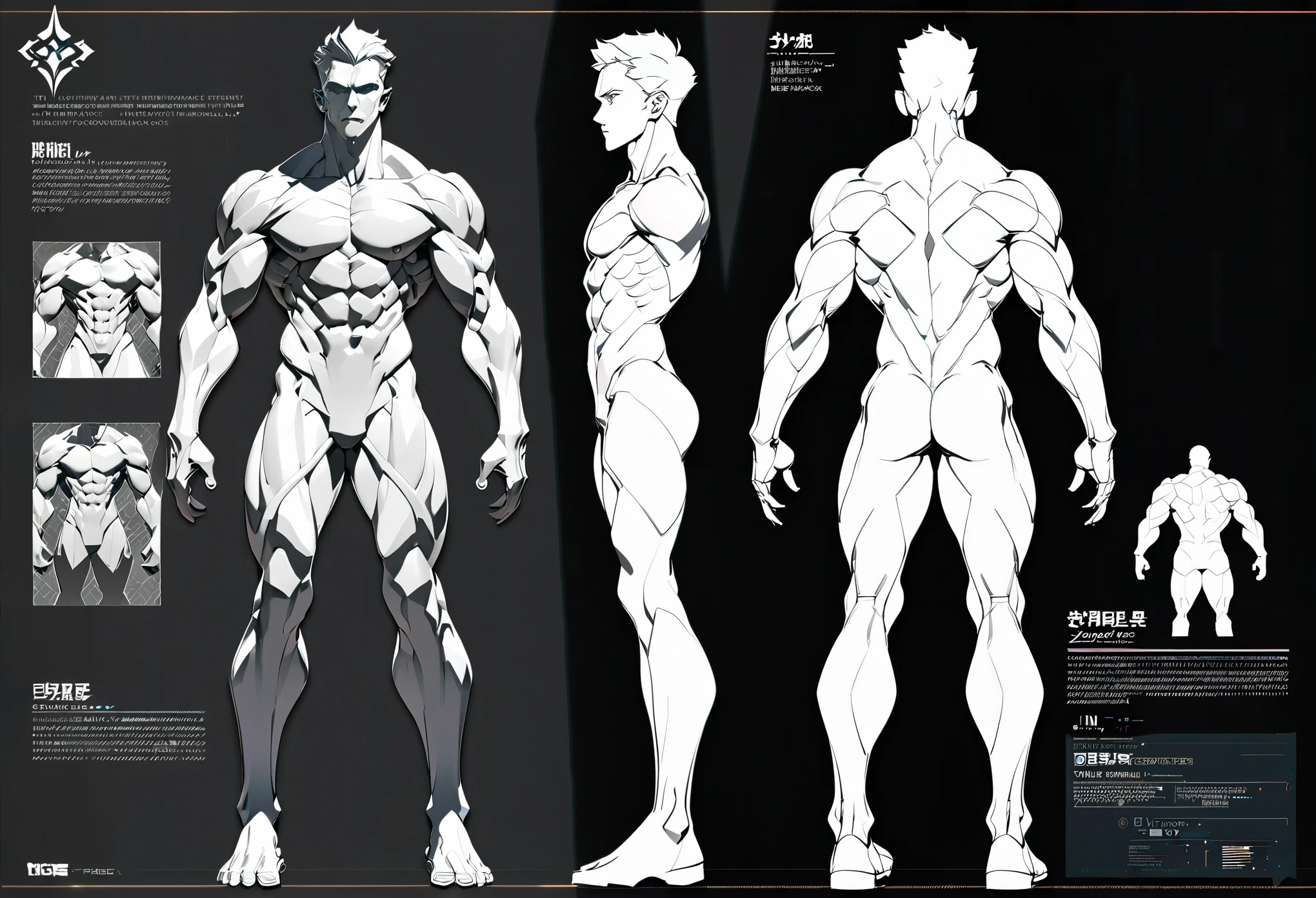 (Same character, front, side, back), (full body), generative front view, generative side view, generative back view, 3 view, nude male, extremely detailed, 3d character reference sheet, concept art, detailed character design, full body illustration, full body character design, black background, super skinny, (character design, in front, Back, Side), muscular