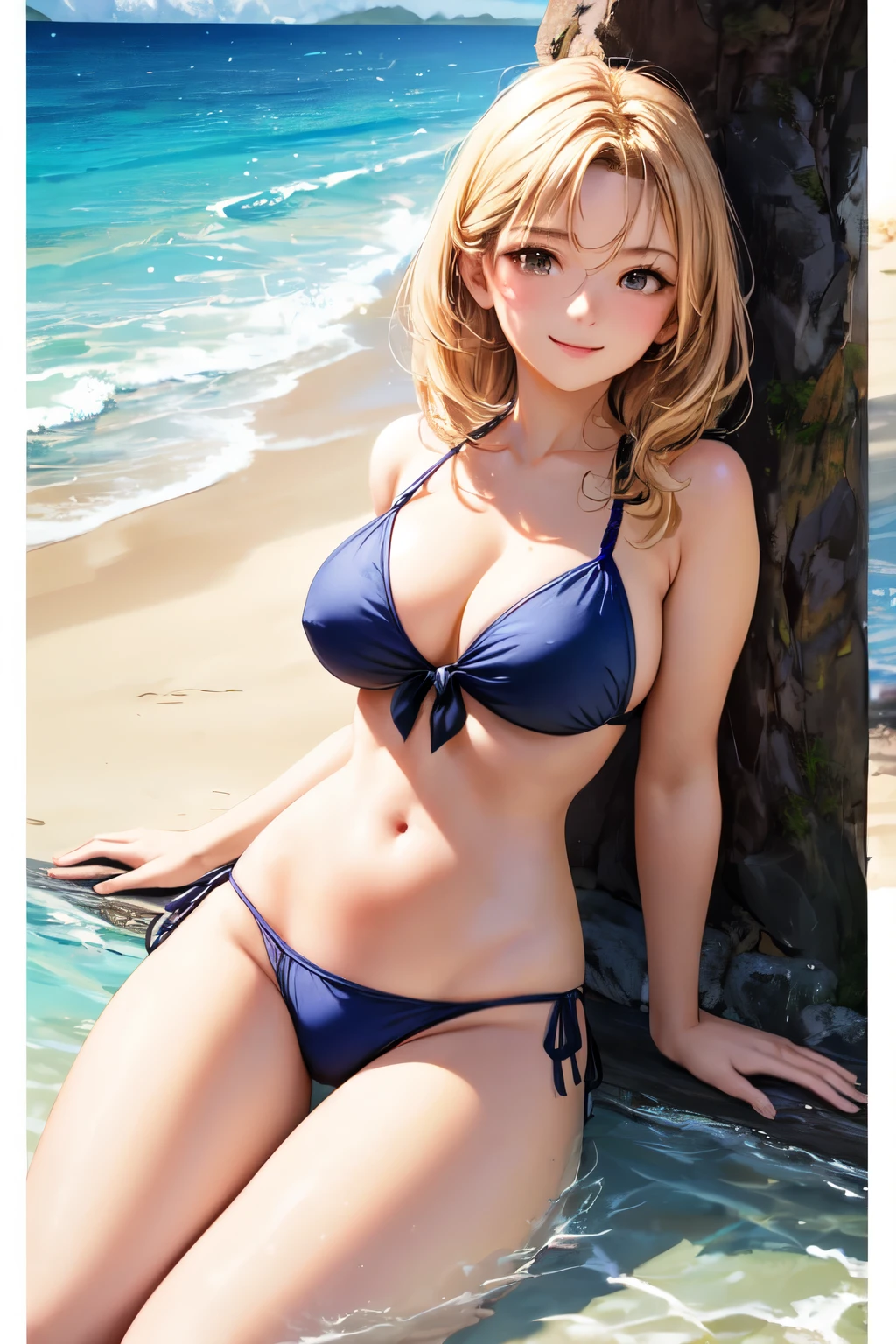 ((Melhor qualidade)), ((obra de arte)), (detalhado), cabelo claro, rosto perfeito, corpo todo aparecendo, praia, bikini brasileiro, sorriso, olhar sedutor, caminhando na areia dourada, Sun reflecting off water, cabelos longos , enquadrar o orpo todo na foto, perfil