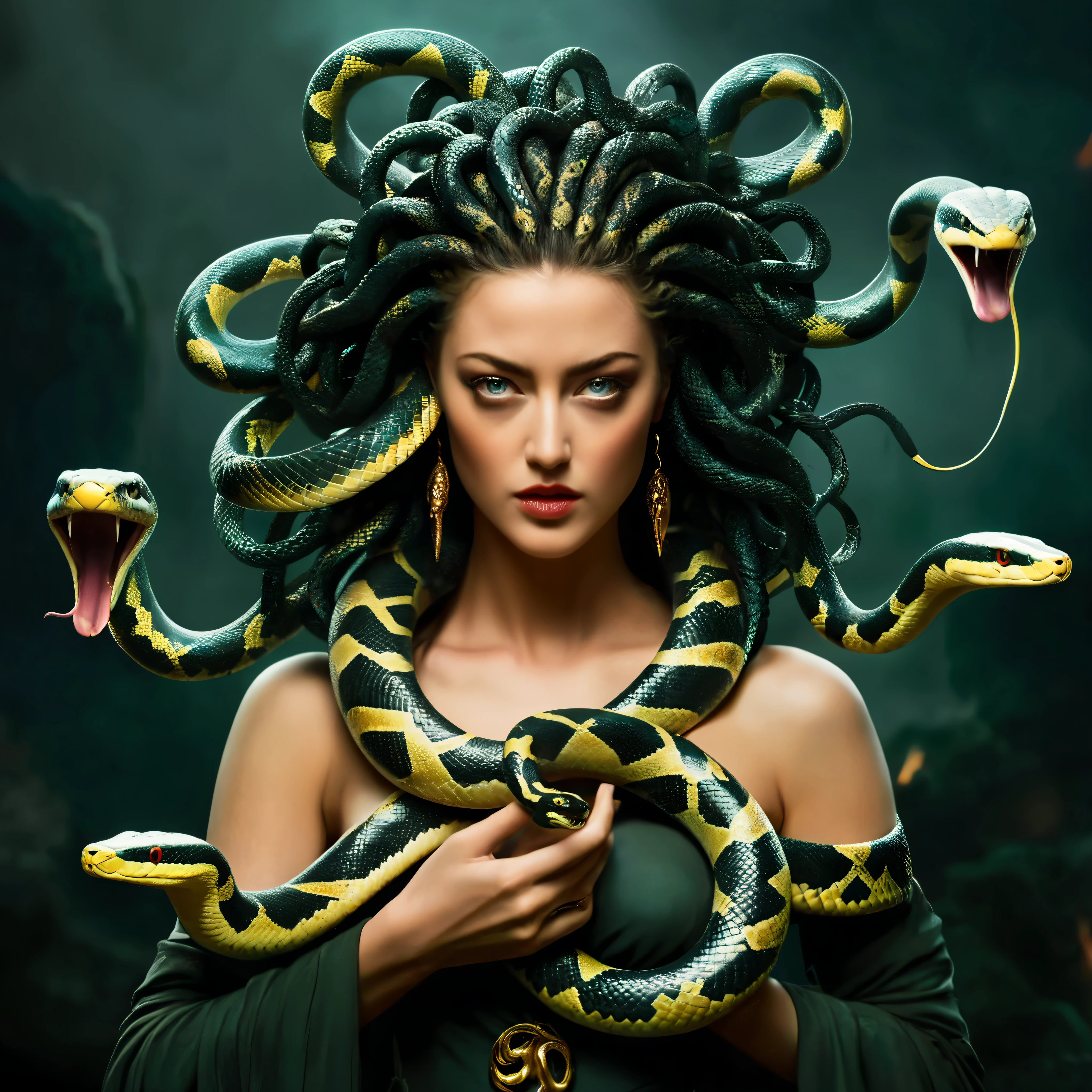Looks like Amber Heard, fierce looks, fiery and glowing eyes, Dark Fantasy Art of  Medusa a woman with snake dreads holding a snake In Greek mythology, Medusa, also called Gorgo,  a human female with living venomous snakes in place of hair, dark, moody, dark fantasy style