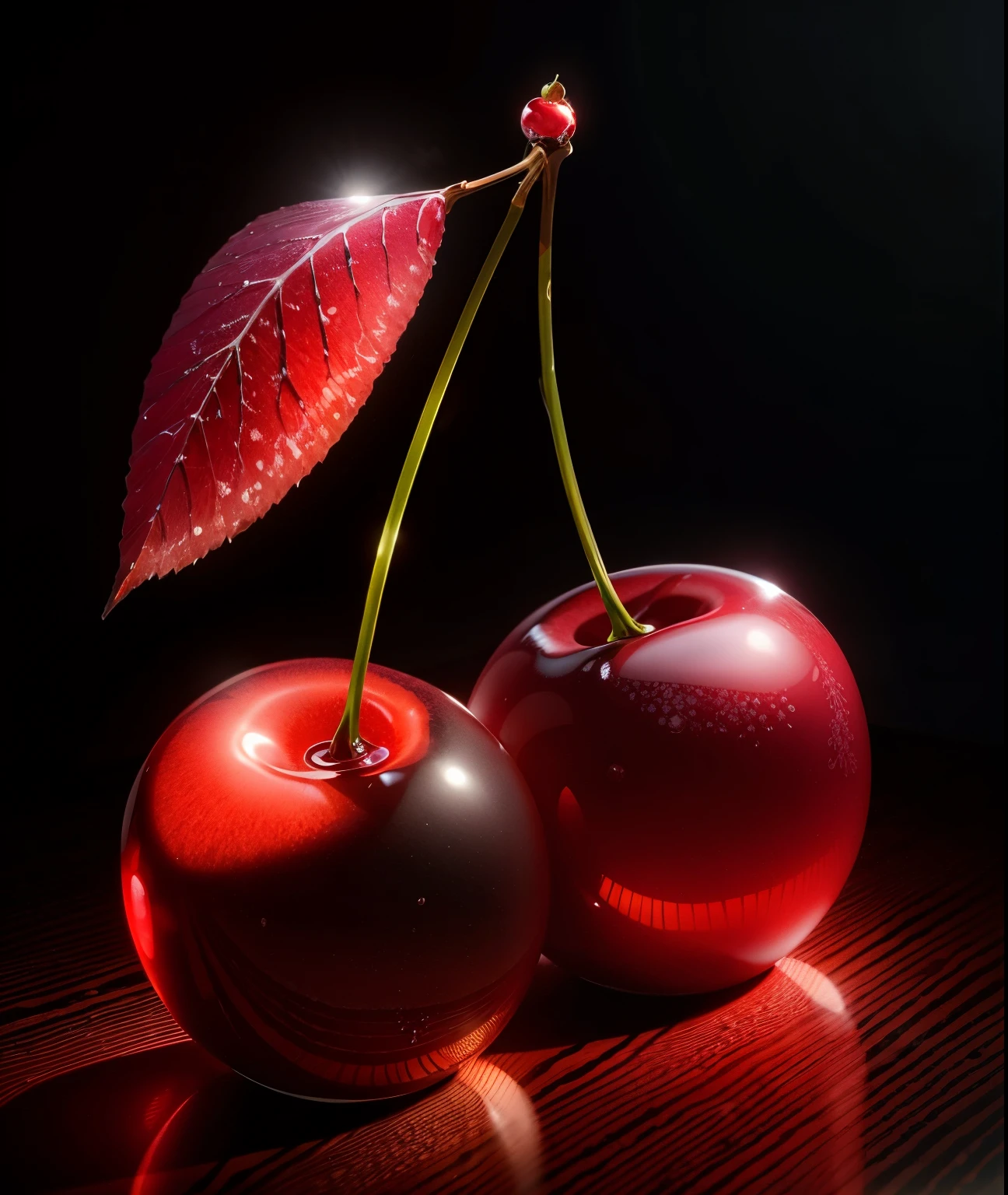 a red cherry made of glass on a table,sunset, 8k, Food photography style,glass cherry, bioluminescent,colorfull, glow, fluid, glowing, Appetizing, professional, culinary, high-resolution, commercial, highly detailed,neon hue, full of color,