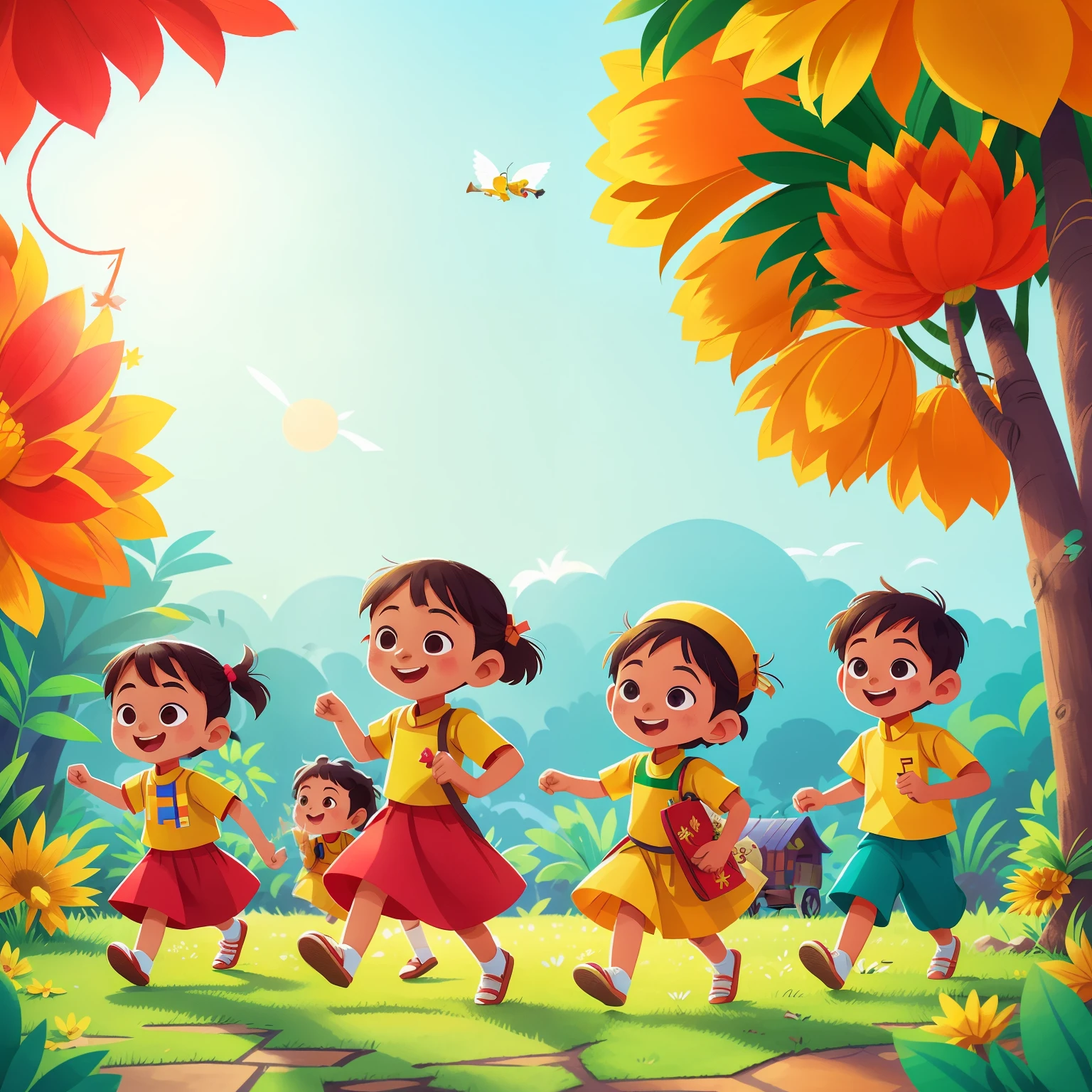 Create an Eid al-Fitr scene with Indonesian characteristics, filled with the joyous energy of children. The background portrays vibrant traditional Indonesian decorations, with intricately patterned lanterns and colorful batik textiles. The atmosphere is warm and welcoming, with the golden glow of the setting sun casting long shadows over the scene.
Children in traditional Indonesian clothing, dressed in bright hues of red, green, and yellow, playfully run around, their laughter echoing through the air. Some children are involved in decorating a traditional cart or wagon with flowers and delicate batik patterns, while others eagerly wait to receive their Eid al-Fitr gifts.
The