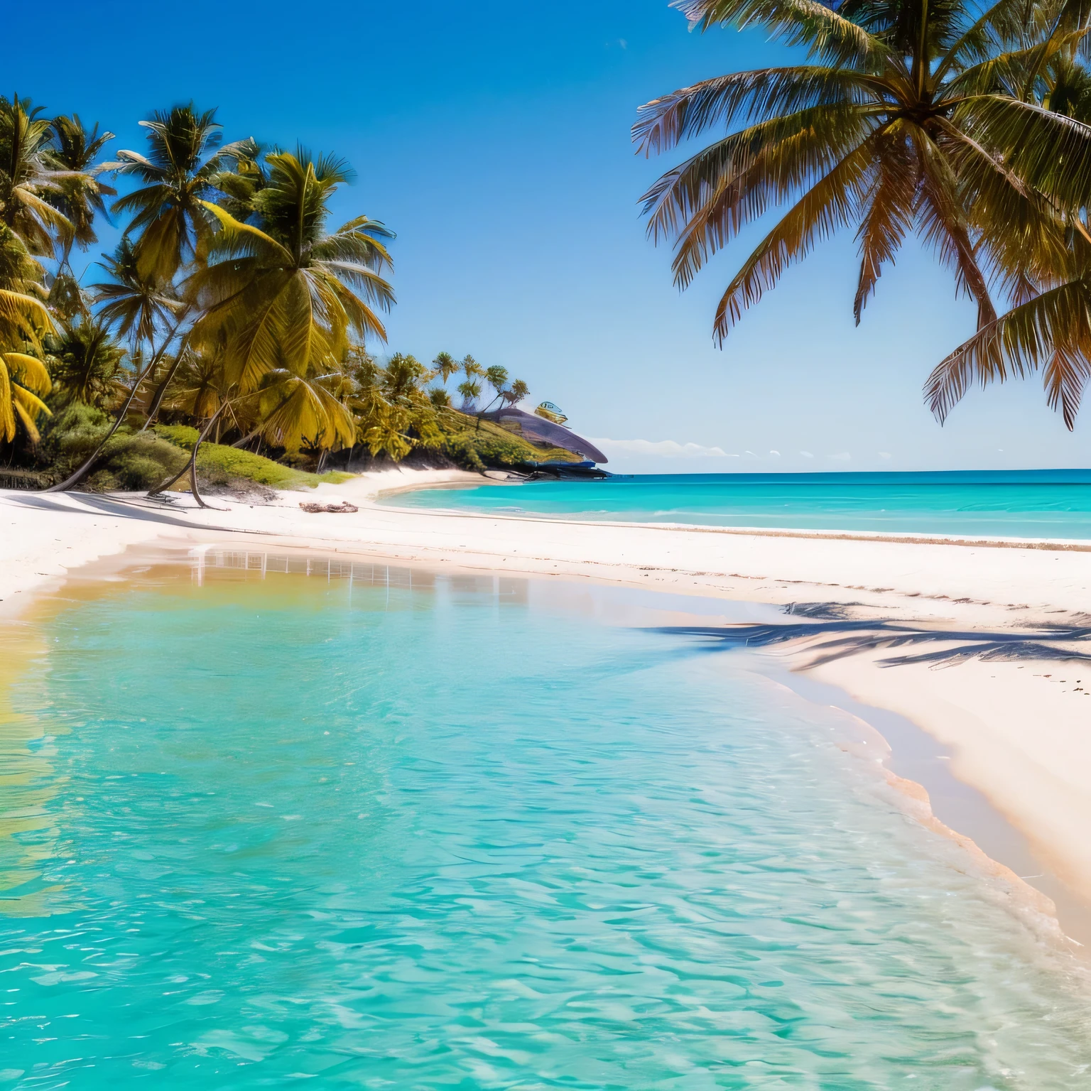 a beach in the foreground with calm sea behind, on a blue sky day with white sand and desert, realista, detalhado, photographic, 8k