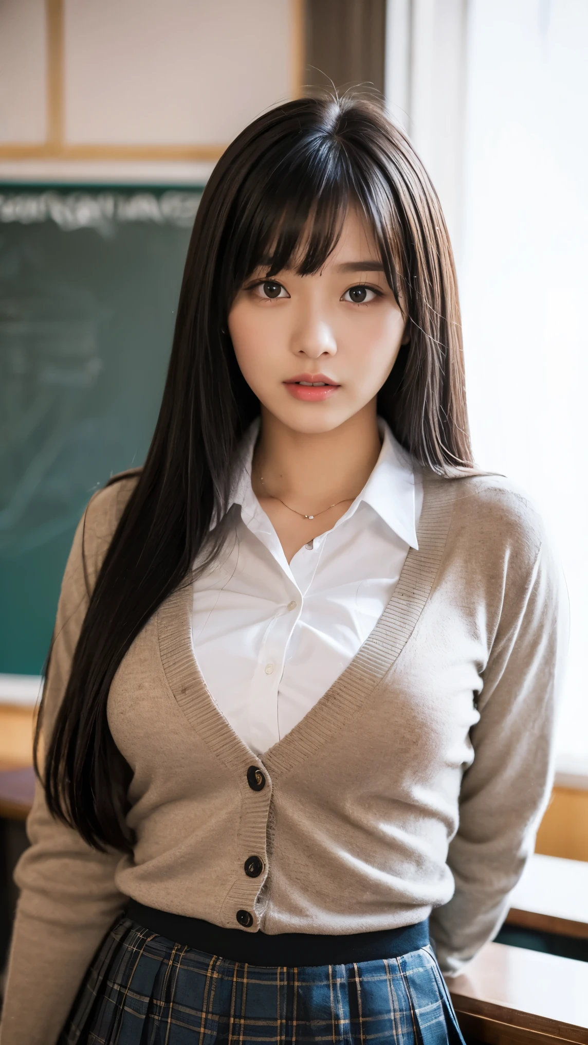 8K、high resolution、masterpiece、realistic、In detail、fine texture、high contrast、alone、high school girl、natural body shape、white skin、natural makeup、black hair、bangs、straight long hair、、(girls high  、long sleeve cardigan、white blouse、plaid pleated skirt、mini skirt)、((Protruding chest、big breasts))、((The upper body is wearing a uniform))、school classroom、look at the camera、Portrait from head to thighs