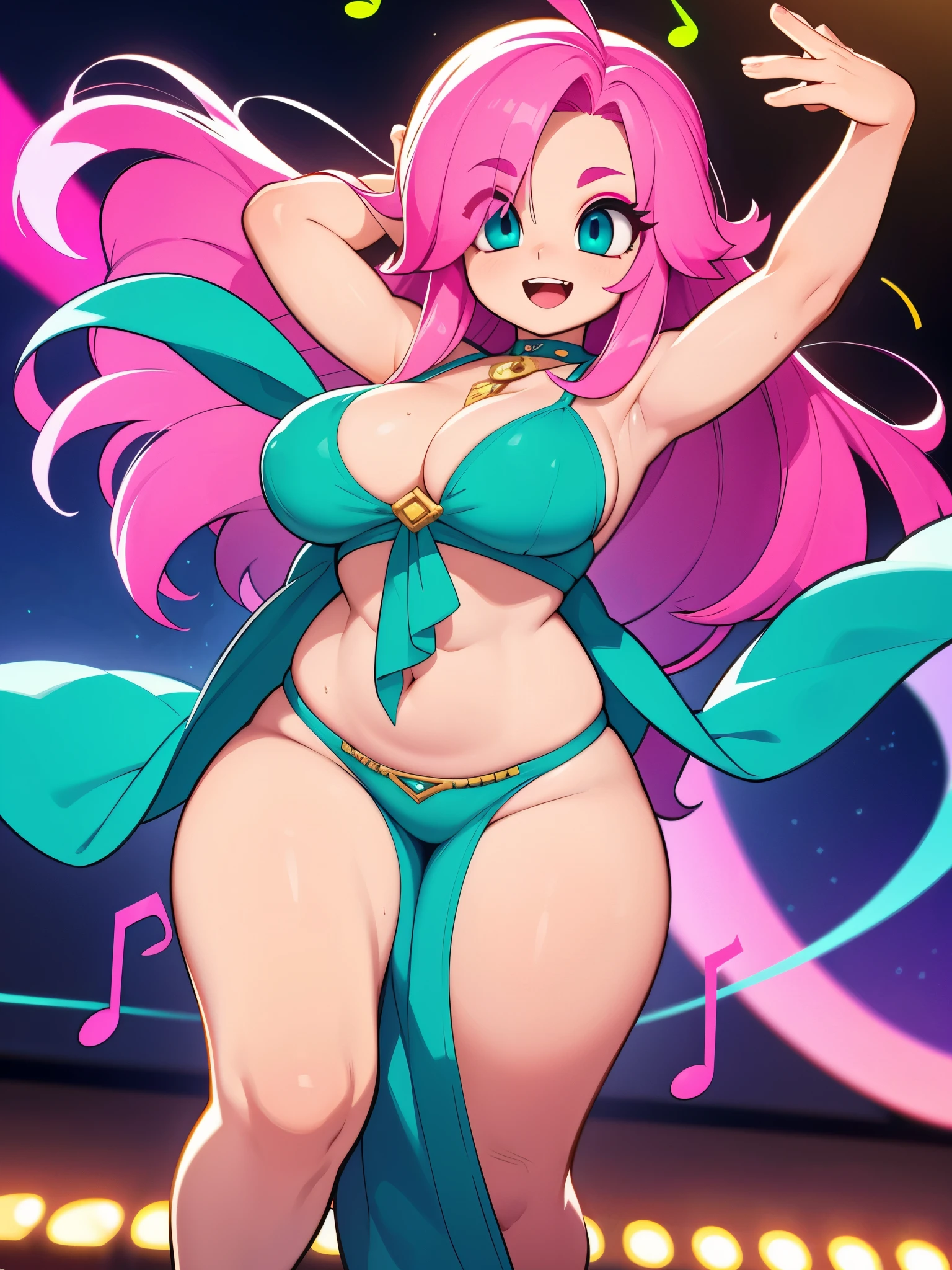 Masterpiece, Hyper detailed, Best quality, UHD, (((3D))), ((anatomically correct)), Dance club, 1 woman, Joyful Expression, ((Hyper detailed revealing White outfit, headphones:0.5)), , Curvy, (Hyper detailed eyes, Teal eyes), Longeyelashes, Jewellery, Makeup, ((Pink hair, flowing hair)), {{{Club lighting}}}, ((Dancing, stage, musical aura, performance, sparkling, Music notes)), AGGA_ST009