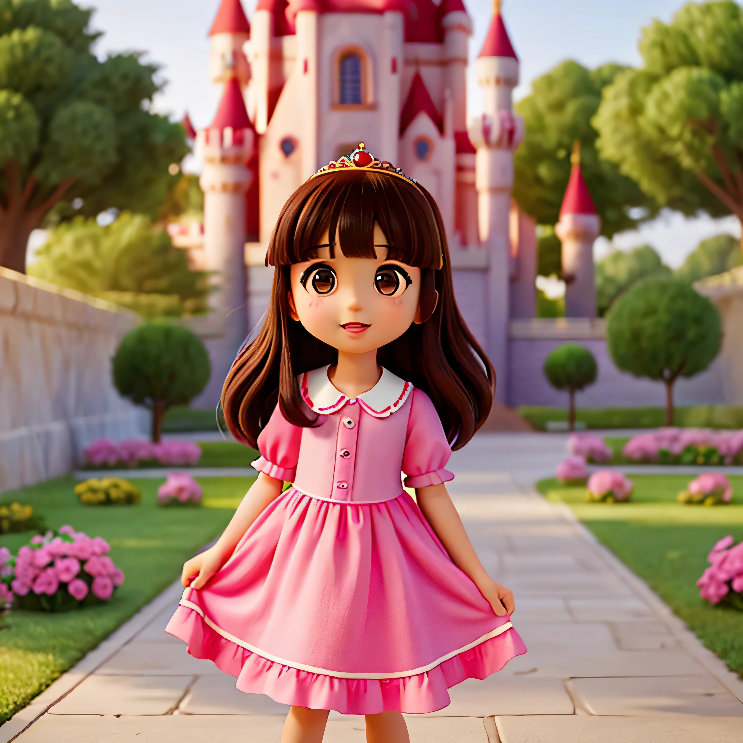 uma capa de filme estilo Disney, de uma princesa de 4 anos com cabelo castanho escuro e franja, olhos castanhos, usando um vestido rosa, em um castelo, with the title LUIZA 4 YEARS,