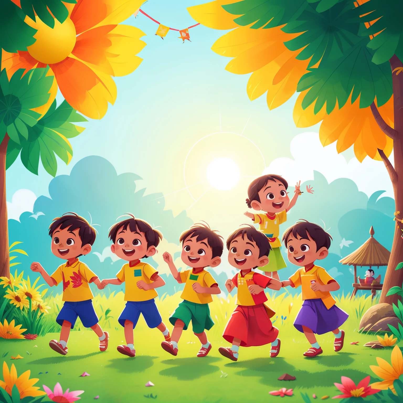 Picture a serene and picturesque setting: an open field at dawn, where traditional Indian motifs like Rangoli (intricate patterns) are displayed on the ground. Families and friends are gathered, dressed in vibrant traditional attire, participating in joyous activities such as flying colorful kites, playing traditional instruments, and sharing festive foods. A backdrop of lush greenery, with gentle hills and a clear blue sky, adds to the peaceful atmosphere. This scene highlights unity, heritage, and celebration, embodying the spirit of independence through cultural appreciation with a big Indian rather than political symbolism.
