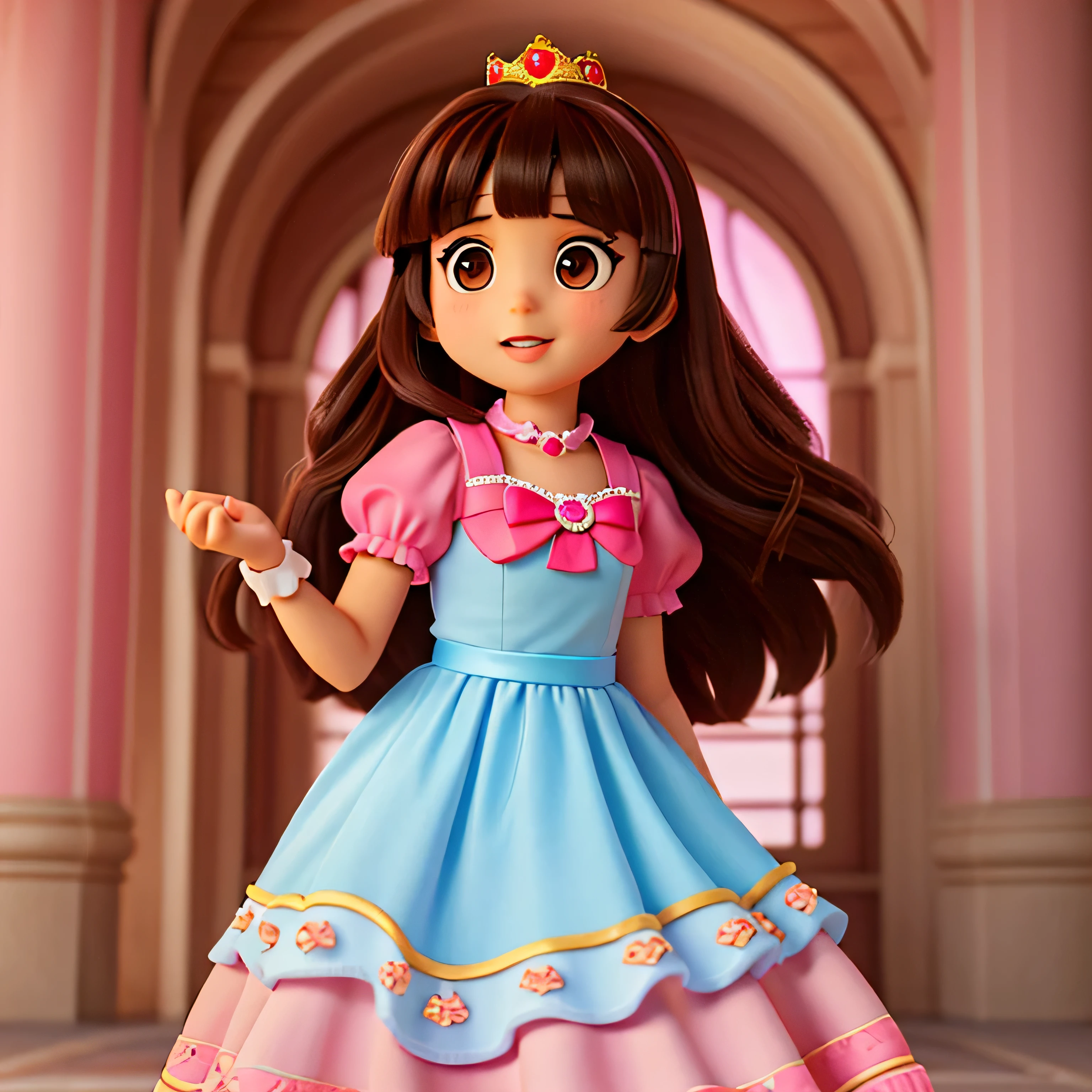 uma capa de filme estilo Disney, de uma princesa de 4 anos com cabelo castanho escuro e franja, olhos castanhos, usando um longo vestido de princesa rosa, em um castelo, with the title LUIZA 4 YEARS, don't miss any details