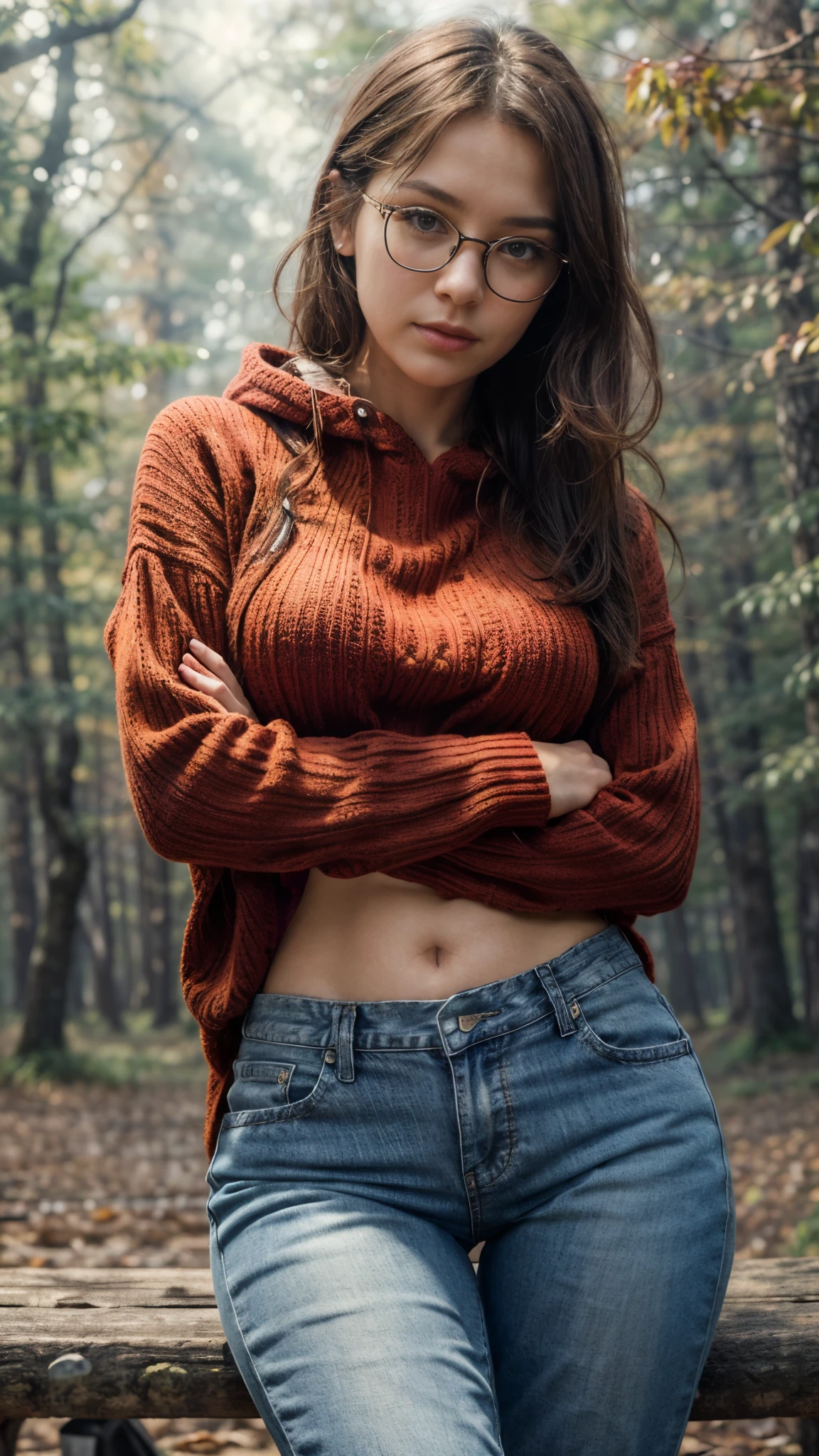 Photorealistic, (close up:1.3), low angle, (seen from below), a japanese young woman with hood, (long sleeve (red sweater:1.2), oversized jeans), a hyperrealistic beautiful young girls with grayish blue eyes in glasses, natural sagging breast, high detailed official artwork, beautiful girls with slim fit body and busty posture, long legs, attractive young woman, (atractive poses:1.3, crossed arm hold on the breast), at bench in the (natural foggy forest:1.2), natural background, dubnitskiy david fanart, realistic portrait, smooth photorealistic, perfect visual of a cute girls, cute girls with skinice soft face, face focus, makoto shinkai and artgerm, photon mapping, natural light, warm color tones, vivid colors, cool ambient, foggy atmosphere