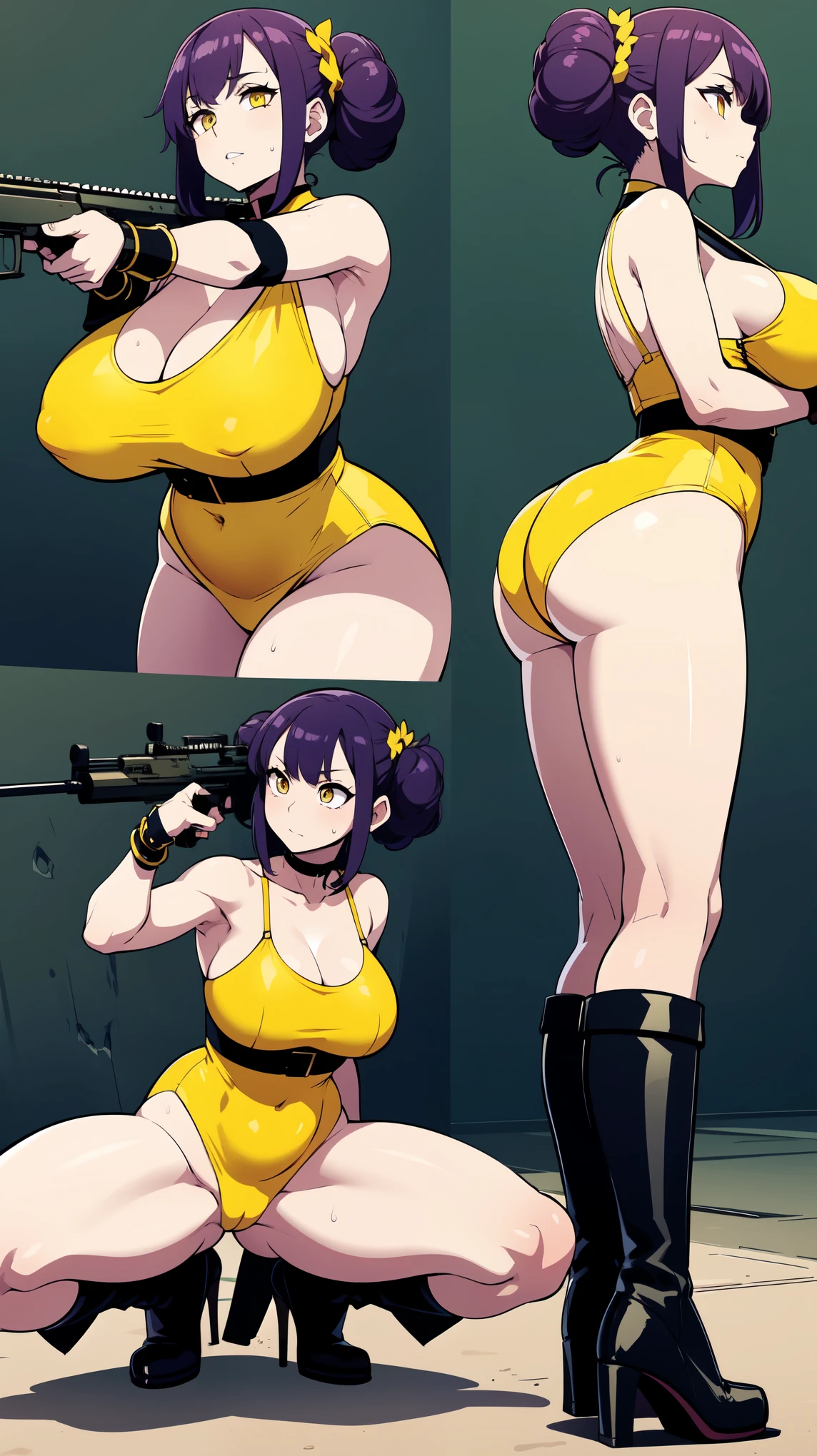 Slime girl, (slime), Slime hair Double buns hair style, Pumpkin Orange, weapon belt, Masterpiece, Best Quality, gigantic breasts, slime girl, slime girl, purple hair, lavender hair, yellow clothes, weapon belt around waistline, rifle, long rifle, AR-15 Rifle, assault rifle, exposed yellow bra, yellow clothing, wearing yellow clothing, fully body view, tight yellow dress, Rifle in hand, mature woman, gorgeous, perverted, sexy, yellow dress, exposed chest, exposed bra, exposed breast, black boots/heels, gold bracelets around wrist, holding rifle, aiming with rifle, tactical stance, tactical gear, sweaty body, long legs, tall woman, lustful yellow eyes, yellow lingerie , Slime girl, (slime), Slime hair Double buns hair style, Pumpkin Orange, weapon belt, Masterpiece, Best Quality, gigantic breasts, slime girl, slime girl, purple hair, lavender hair, yellow clothes, weapon belt around waistline, rifle, long rifle, AR-15 Rifle, assault rifle, exposed yellow bra, yellow clothing, wearing yellow clothing, fully body view, tight yellow dress, Rifle in hand, mature woman, gorgeous, perverted, sexy, yellow dress, exposed chest, exposed bra, exposed breast, black boots/heels, gold bracelets around wrist, holding rifle, aiming with rifle, tactical stance, tactical gear, sweaty body, long legs, tall woman, lustful yellow eyes, yellow lingerie, mature body, mature face, dark purple hair color, purple hair, bending down, bent over, crouching 