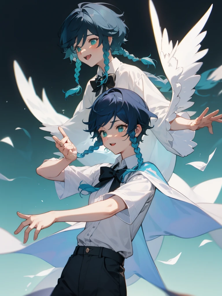 Venti, 1boy, male, solo, young adult, medium hair length, 2braids, dark blue hair color, cyan highlights in hair, energic expression, dynamic pose, flying, 2wings, flowers background, detailed eyes, white shirt, white sleeves, green pants, short pants, green cape, bow tie, green hat, colourful jewels, cyan , pink, dancer outfit,