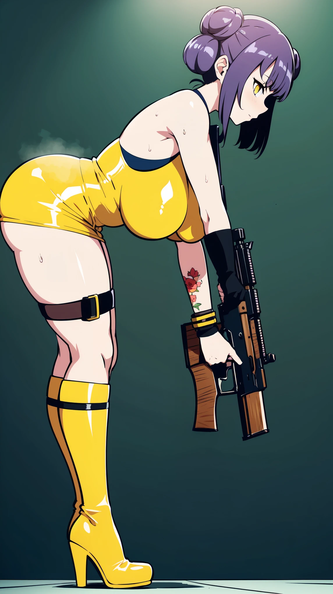 Slime girl, (slime), Slime hair Double buns hair style, Pumpkin Orange, weapon belt, Masterpiece, Best Quality, gigantic breasts, slime girl, slime girl, purple hair, lavender hair, yellow clothes, weapon belt around waistline, rifle, long rifle, AR-15 Rifle, assault rifle, exposed yellow bra, yellow clothing, wearing yellow clothing, fully body view, tight yellow dress, Rifle in hand, mature woman, gorgeous, perverted, sexy, yellow dress, exposed chest, exposed bra, exposed breast, black boots/heels, gold bracelets around wrist, holding rifle, aiming with rifle, tactical stance, tactical gear, sweaty body, long legs, tall woman, lustful yellow eyes, yellow lingerie , Slime girl, (slime), Slime hair Double buns hair style, Pumpkin Orange, weapon belt, Masterpiece, Best Quality, gigantic breasts, slime girl, slime girl, purple hair, lavender hair, yellow clothes, weapon belt around waistline, rifle, long rifle, AR-15 Rifle, assault rifle, exposed yellow bra, yellow clothing, wearing yellow clothing, fully body view, tight yellow dress, Rifle in hand, mature woman, gorgeous, perverted, sexy, yellow dress, exposed chest, exposed bra, exposed breast, black boots/heels, gold bracelets around wrist, holding rifle, aiming with rifle, tactical stance, tactical gear, sweaty body, long legs, tall woman, lustful yellow eyes, yellow lingerie, mature body, mature face, dark purple hair color, purple hair, bending down, bent over, crouching