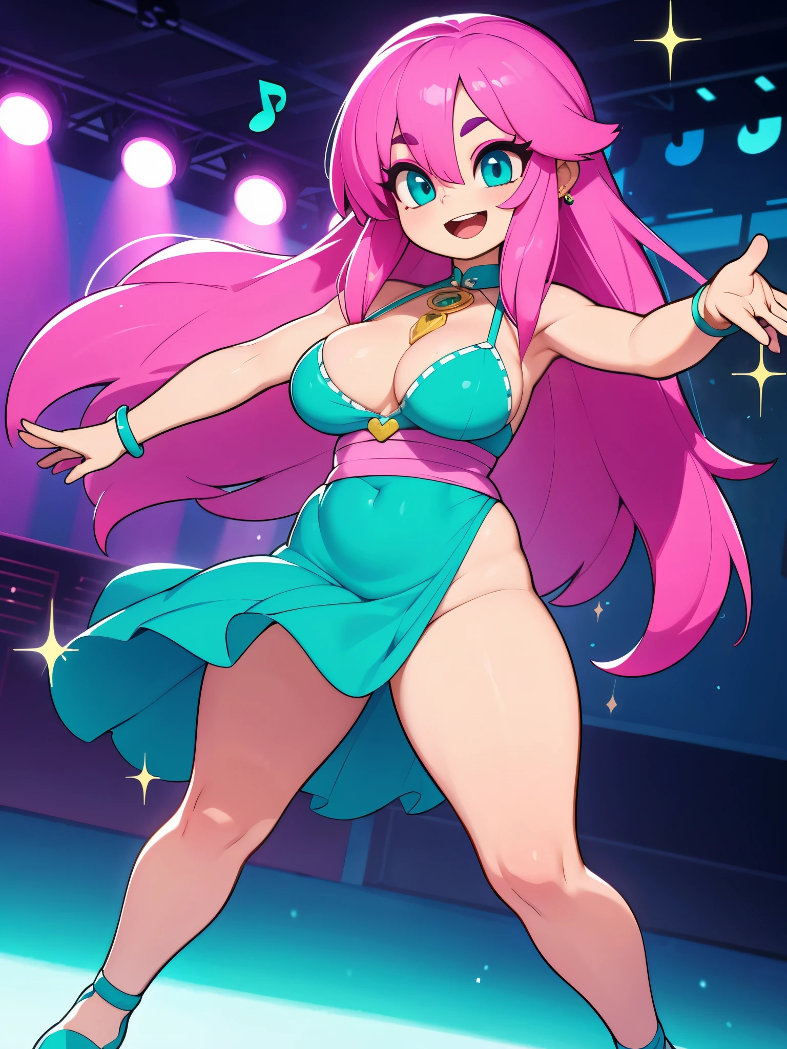 Masterpiece, Hyper detailed, Best quality, UHD, (((3D))), ((anatomically correct)), Dance club, 1 woman, Joyful Expression, ((Hyper detailed revealing White outfit, headphones:0.5)), Busty, Curvy, (Hyper detailed eyes, Teal eyes), Longeyelashes, Jewellery, Makeup, ((Pink hair, flowing hair)), {{{Club lighting}}}, ((Dancing, stage, musical aura, performance, sparkling, Music notes)), AGGA_ST009