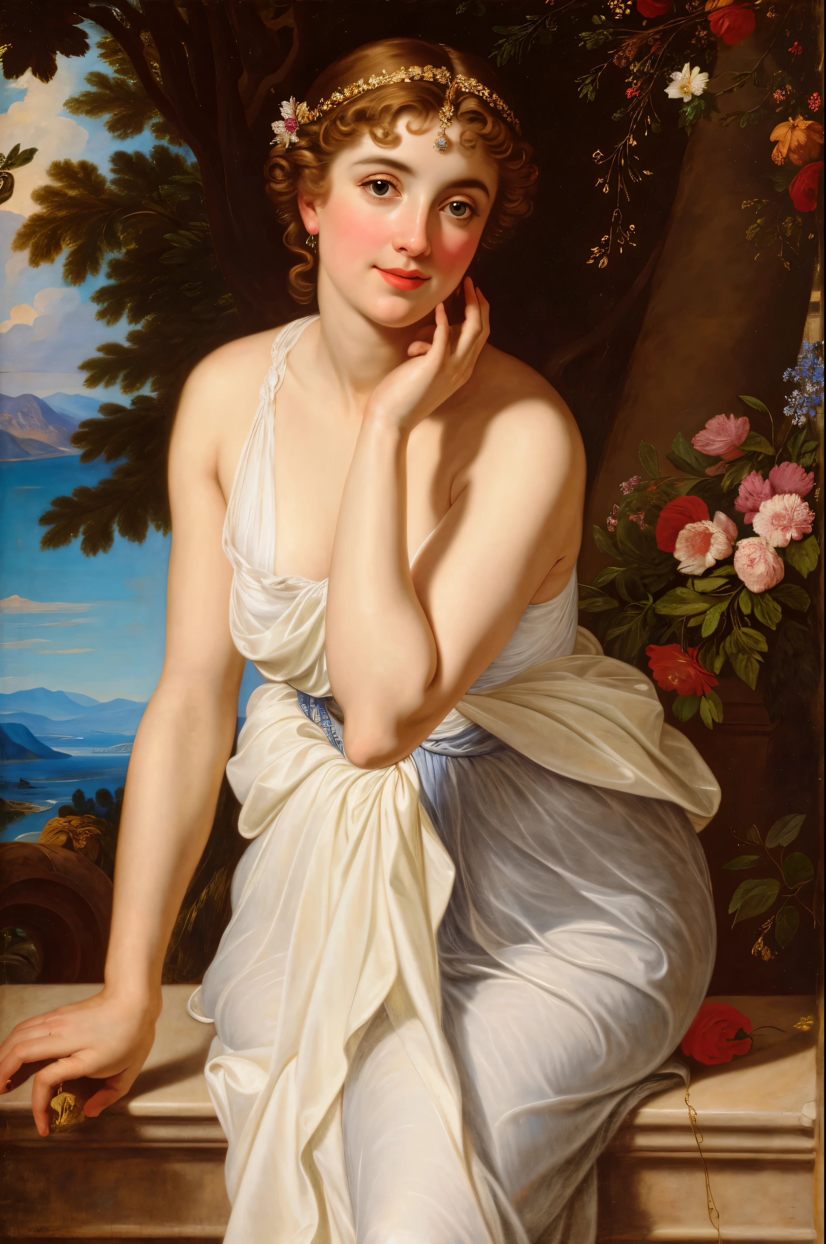 Original Character, ethereal beauty, aesthetic, Masterpiece, 45 years old lady, thick figure, Full figured woman, Best quality, high clarity eyes, critically flawless,sharp picture, styled hair, long hair, fluffy hair, Full portrait, High pixels, perfect face, perfect eyes, beautiful face, perfect hands,perfect fingers, in Peter Paul Rubens style, by Peter Paul Rubens, baroque style, acrylic on canvas, highly detailed, description: "Create a nymph inspired by the tales of Greek or Roman mythology, embodying the essence of a natural element or location, and possessing a unique ability or trait that sets her apart.", extremely sfw,