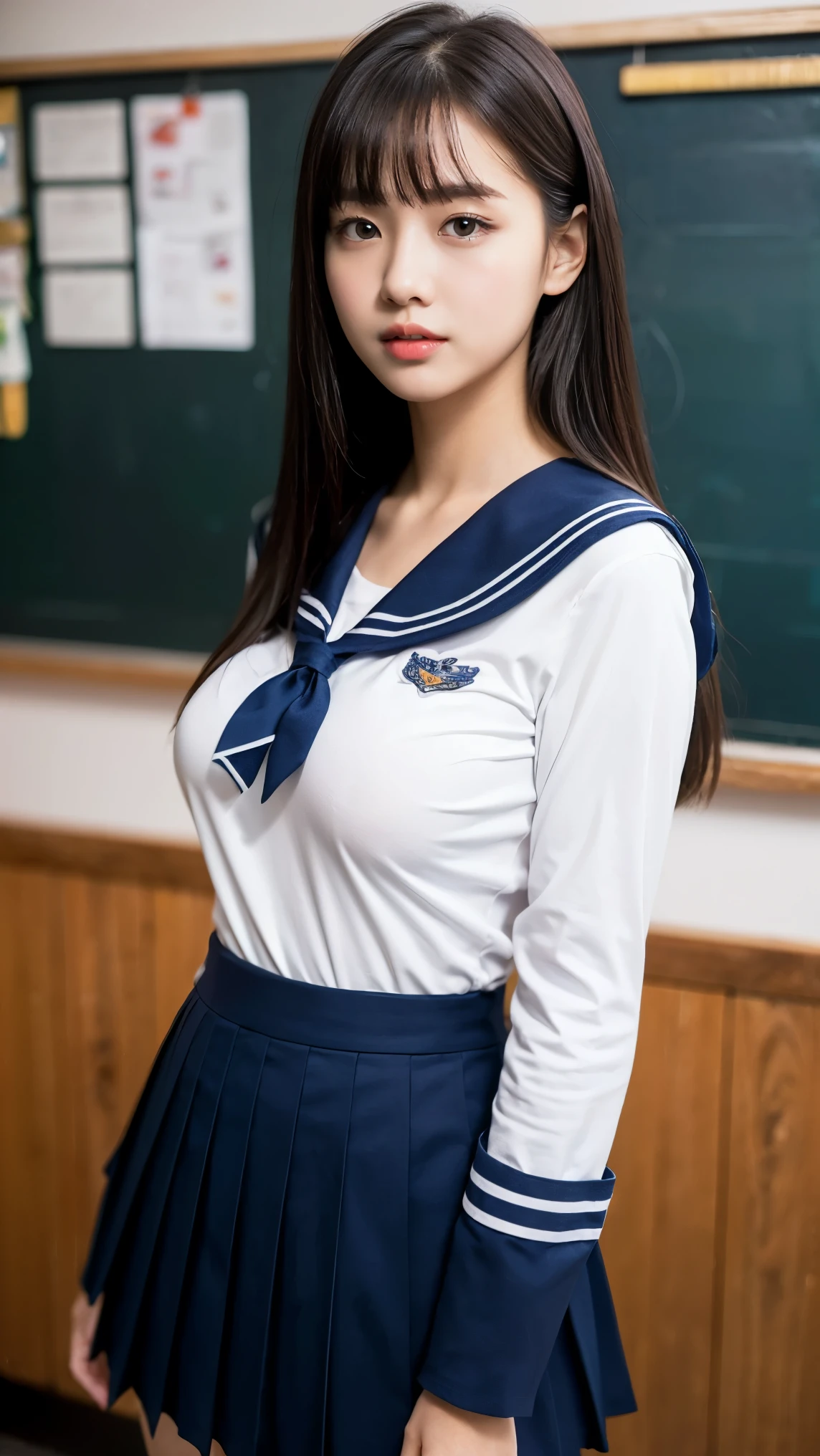 8K、high resolution、masterpiece、realistic、In detail、fine texture、high contrast、alone、high school girl、natural body shape、white skin、natural makeup、black hair、bangs、straight long hair、、(girls high 、Navy blue long-sleeved sailor suit、navy pleated skirt、mini skirt)、((Protruding chest、big breasts))、((The upper body is wearing a uniform))、school classroom、look at the camera、Portrait from head to thighs