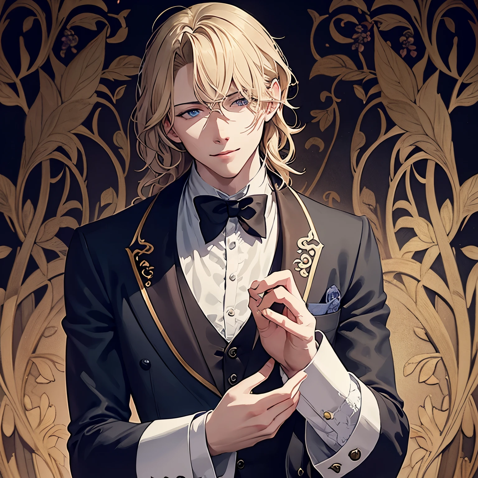 Dorian Gray with blonde wavy hair in art nouveau style, perfect face, masterpiece, dark cold colours, watercolour, handsome, cruel smile, many hands touching Dorian Gray, art nouveau style, watercolour, high quality