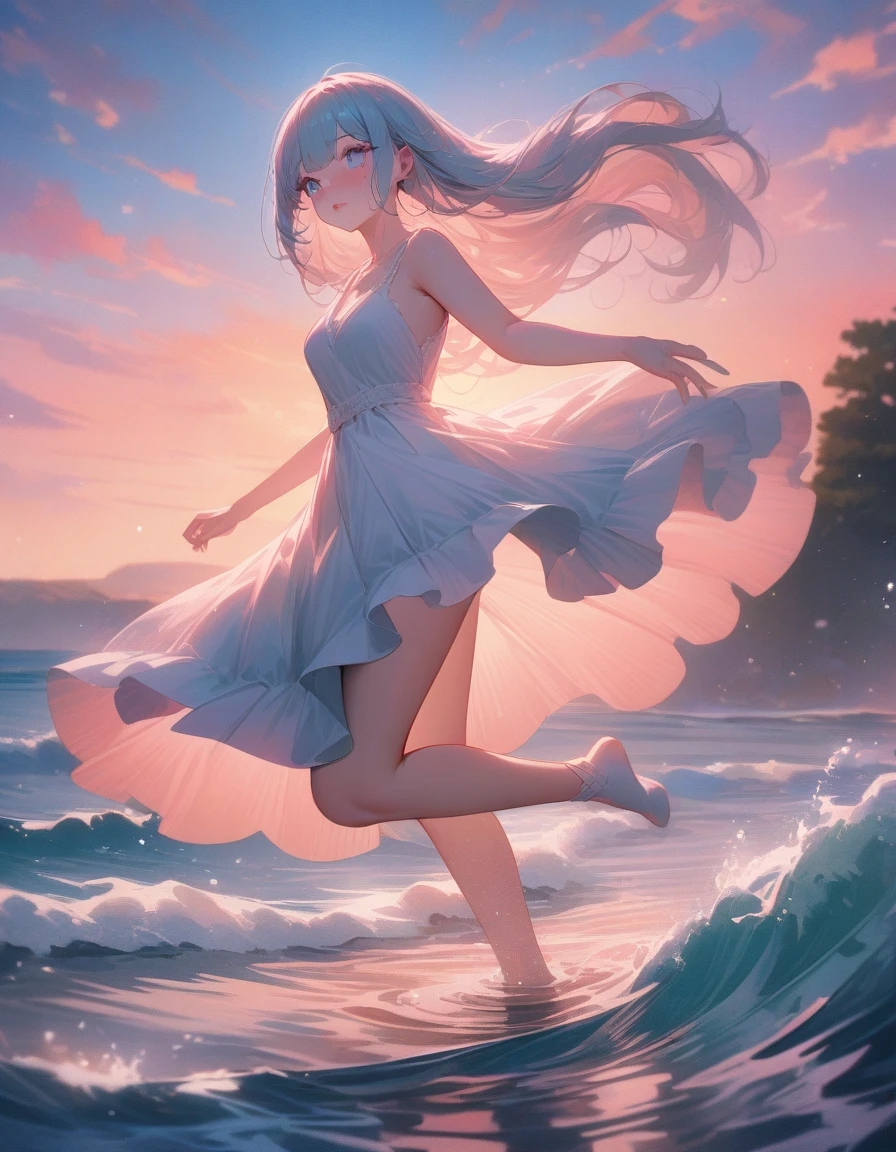 1girl, People Dancing on the Sea Surface, aesthetic, extremely detailed, masterpiece, best quality, very aesthetic, absurdres, People Dancing on the Sea Surface, Bioluminescent, in the Style of Artgerm and Charlie Bowater and Atey Ghailan and Mike Mignola, vibrant colors and hard shadows and strong rim light, Comic Cover Art, plain background, trending on artstation