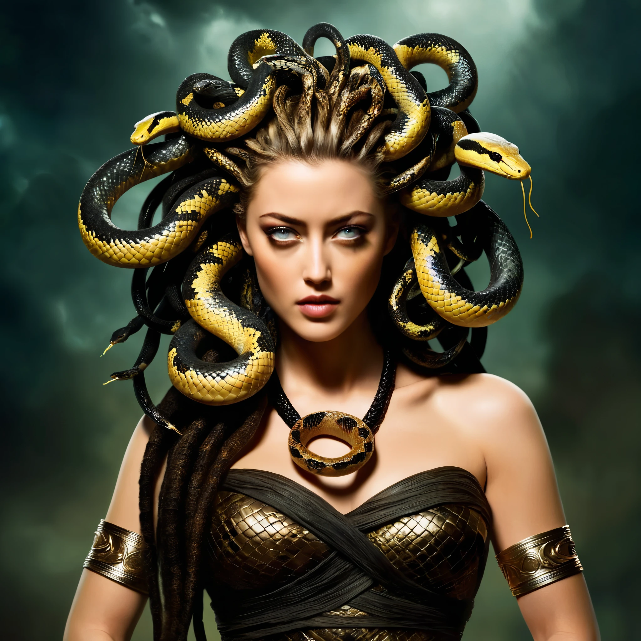 Looks like Amber Heard, fierce looks, fiery and glowing eyes, Dark Fantasy Art of  Medusa a woman with snake dreads holding a snake In Greek mythology, Medusa, also called Gorgo,  a human female with living venomous snakes in place of hair, dark, moody, dark fantasy style