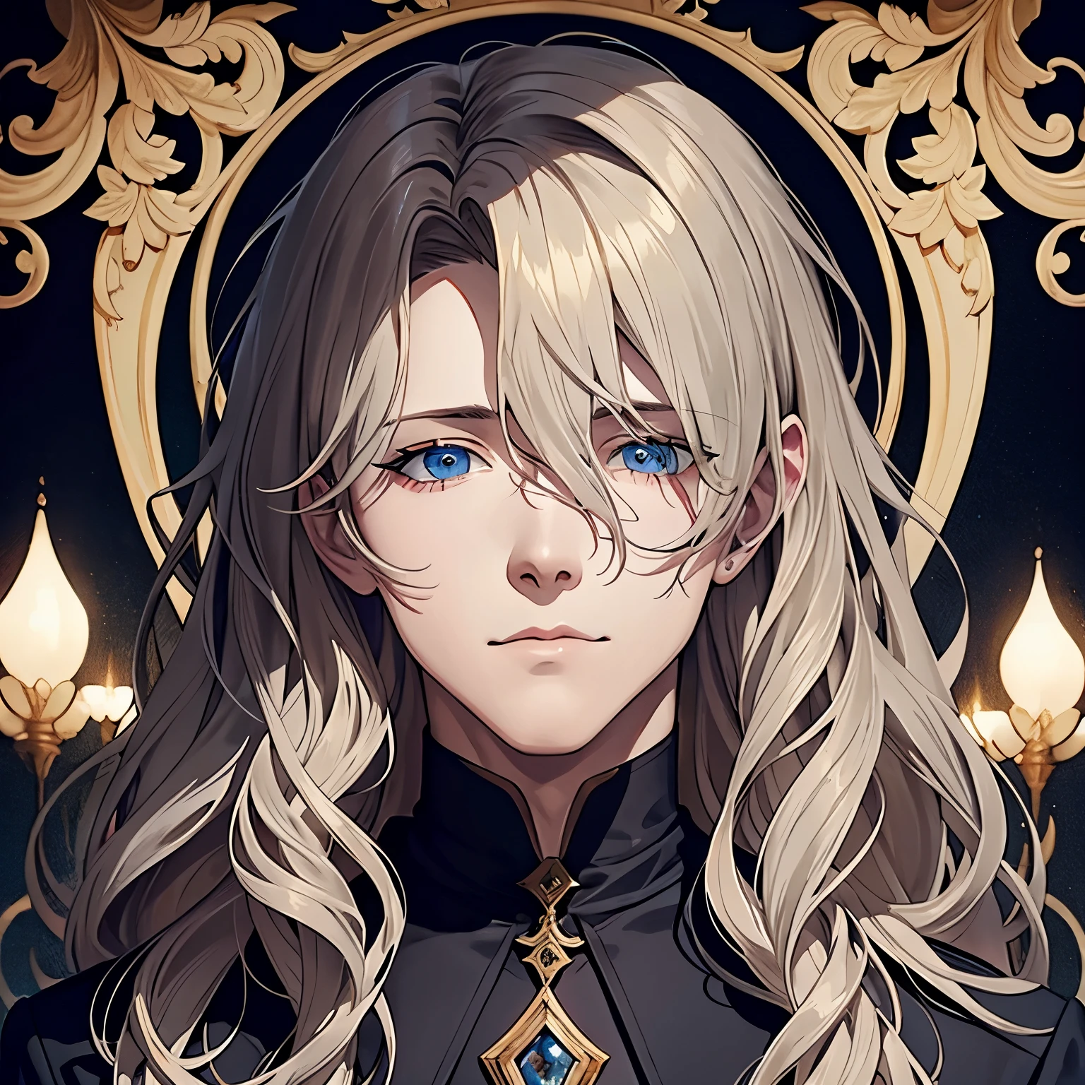 Dorian Gray with blonde wavy hair in art nouveau style, perfect face, masterpiece, dark cold colours, watercolour