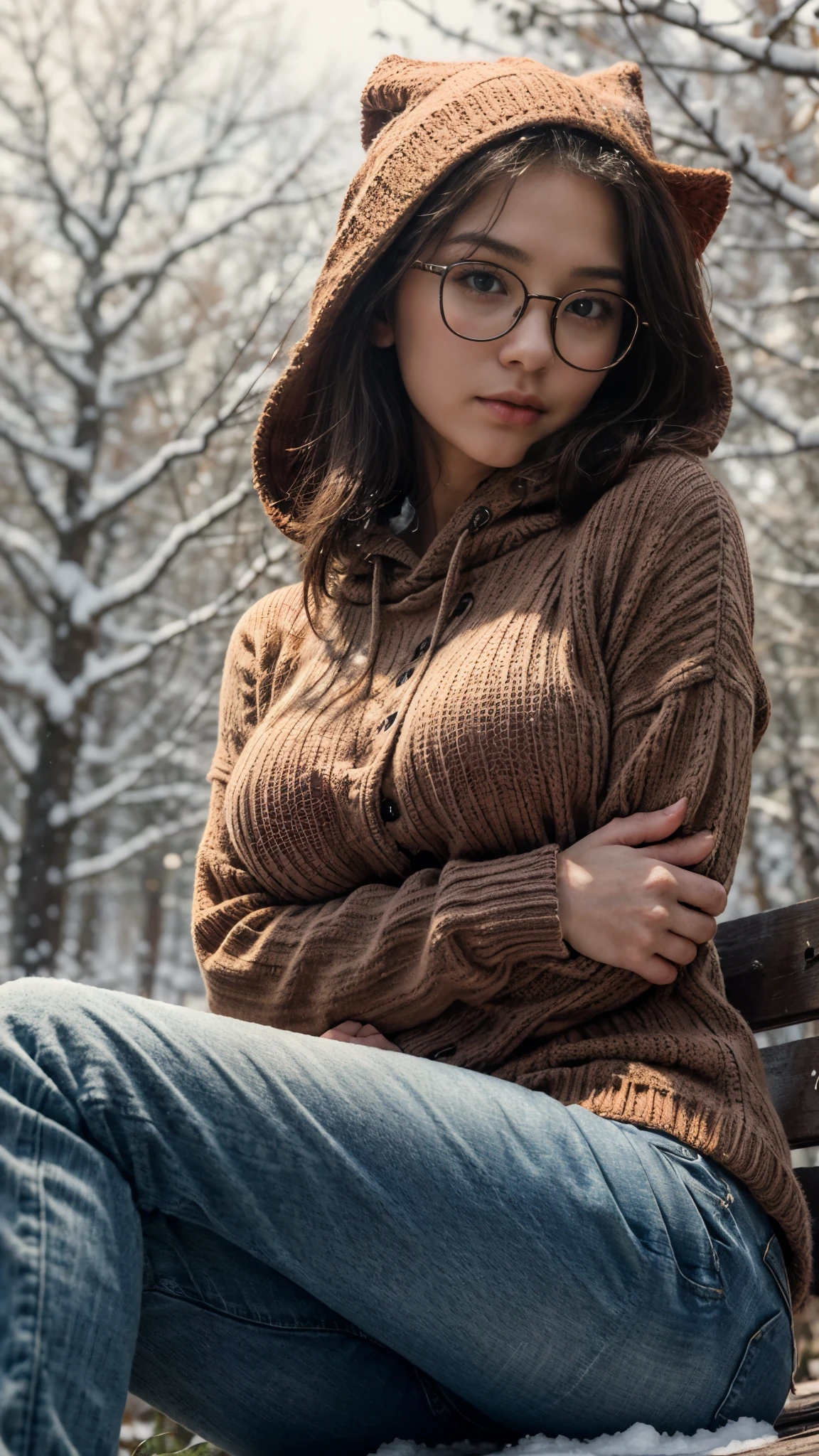 Photorealistic, (close up:1.3), low angle, (seen from below), a japanese young woman with hood, (long sleeve (red sweater:1.2), oversized jeans), a hyperrealistic beautiful young girls with grayish blue eyes in glasses, natural sagging breast, high detailed official artwork, beautiful girls with slim fit body and busty posture, long legs, attractive young woman, (atractive poses:1.3, crossed arm hold on the breast), at bench in the natural forest with (snow:1.2), natural background, dubnitskiy david fanart, realistic portrait, smooth photorealistic, perfect visual of a cute girls, cute girls with skinice soft face, face focus, makoto shinkai and artgerm, photon mapping, natural light, warm color tones, vivid colors, cool ambient, foggy atmosphere