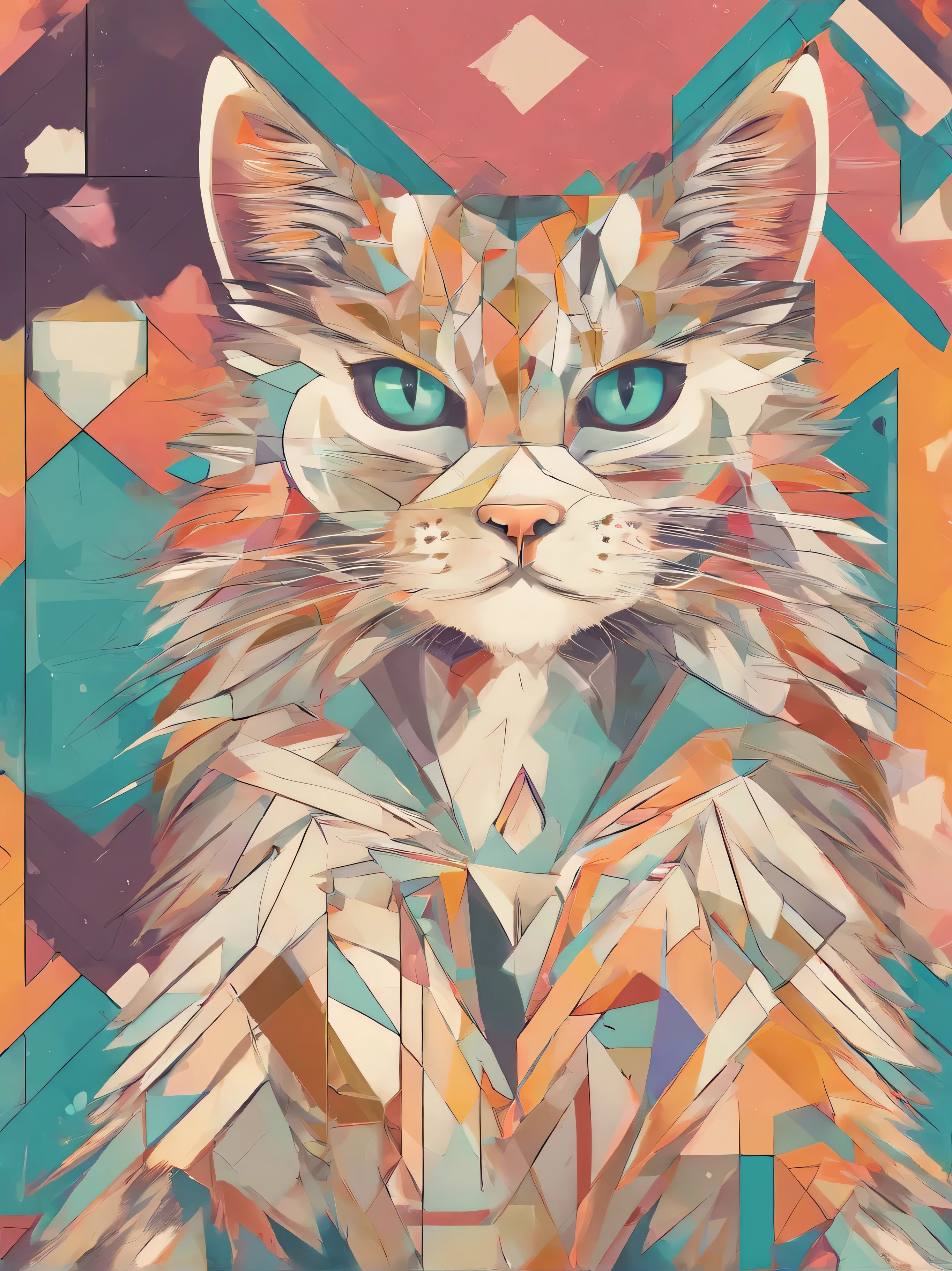 Warrior cat, realistic and detailed, Norwegian forest cat, fluffy, scar over left eye, background made of cheese, pastel colors, stylized 