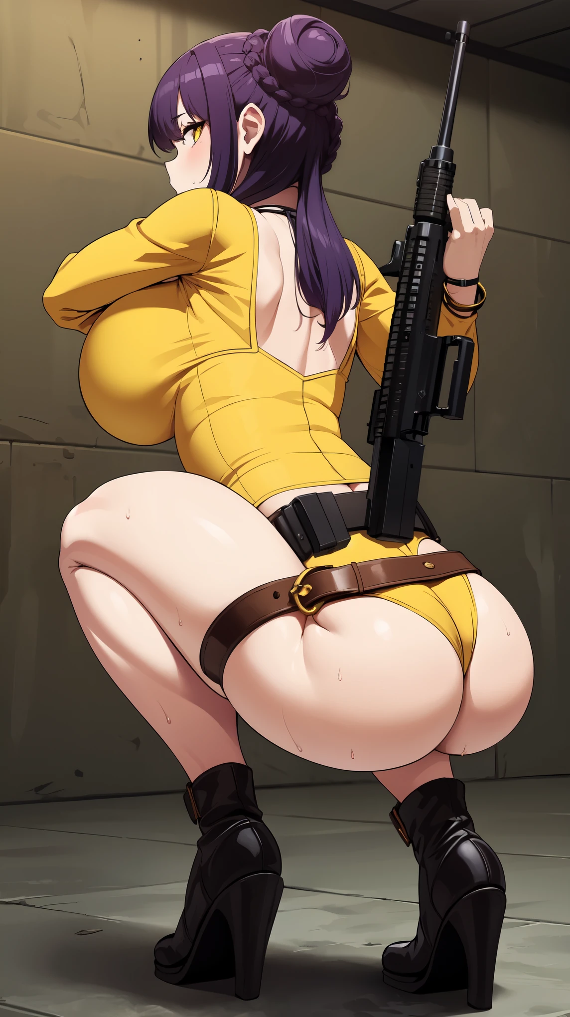 Slime girl, (slime), Slime hair Double buns hair style, Pumpkin Orange, weapon belt, Masterpiece, Best Quality, gigantic breasts, slime girl, slime girl, purple hair, lavender hair, yellow clothes, weapon belt around waistline, rifle, long rifle, AR-15 Rifle, assault rifle, exposed yellow bra, yellow clothing, wearing yellow clothing, fully body view, tight yellow dress, Rifle in hand, mature woman, gorgeous, perverted, sexy, yellow dress, exposed chest, exposed bra, exposed breast, black boots/heels, gold bracelets around wrist, holding rifle, aiming with rifle, tactical stance, tactical gear, sweaty body, long legs, tall woman, lustful yellow eyes, yellow lingerie , Slime girl, (slime), Slime hair Double buns hair style, Pumpkin Orange, weapon belt, Masterpiece, Best Quality, gigantic breasts, slime girl, slime girl, purple hair, lavender hair, yellow clothes, weapon belt around waistline, rifle, long rifle, AR-15 Rifle, assault rifle, exposed yellow bra, yellow clothing, wearing yellow clothing, fully body view, tight yellow dress, Rifle in hand, mature woman, gorgeous, perverted, sexy, yellow dress, exposed chest, exposed bra, exposed breast, black boots/heels, gold bracelets around wrist, holding rifle, aiming with rifle, tactical stance, tactical gear, sweaty body, long legs, tall woman, lustful yellow eyes, yellow lingerie, mature body, mature face, dark purple hair color, purple hair, bending down, bent over, crouching 