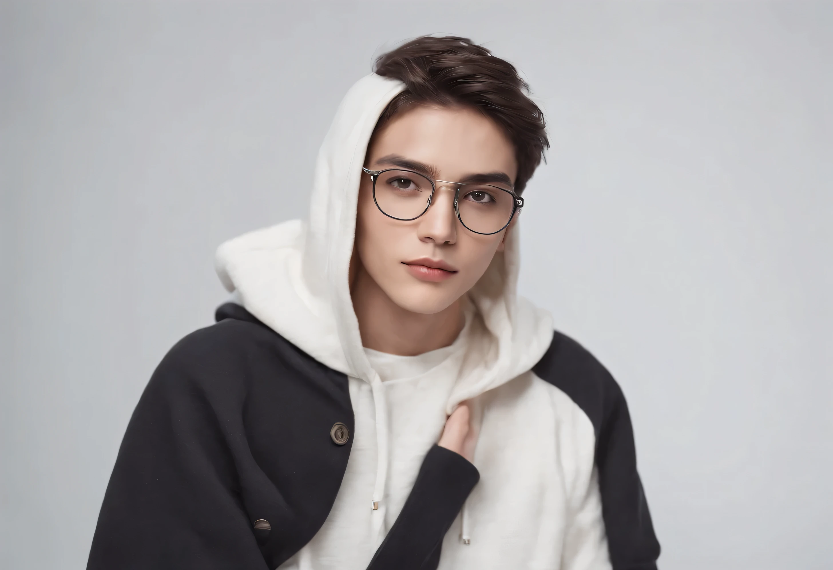 I want a studio photograph white background codac lights perfectly placed, young slim model with an aesthetic of white hoddies profiled face long hair but acting and youthful wears very elegant glasses and has a pose with her face looking to the side A YOUNG SUBJECT THINNER ONLY 1 HAIR FREER AND DISCONNECTED BUT WITH STYLE marked jaw, a 1080x1920 composition with the character centered and a very stylish medium shot .. Chico joven diferentes poses